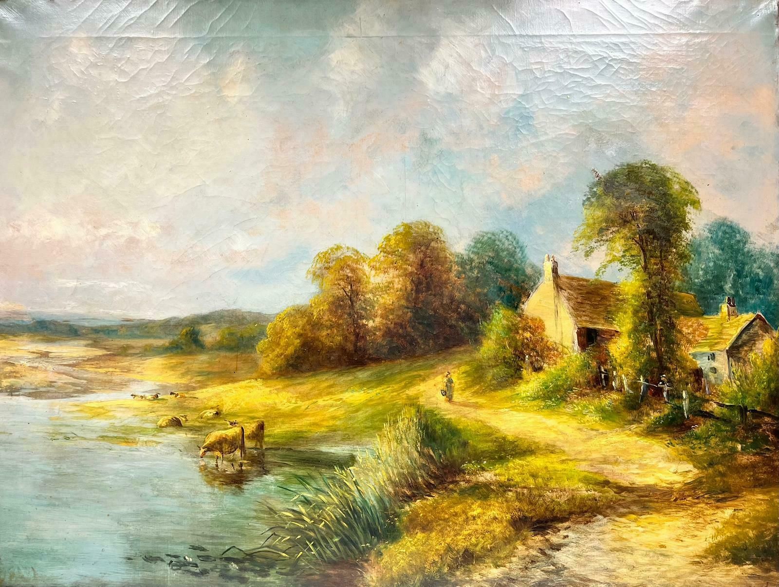 Antique Englishvery Large Antique English Oil Tranquil Rural Landscape Cattle Watering River