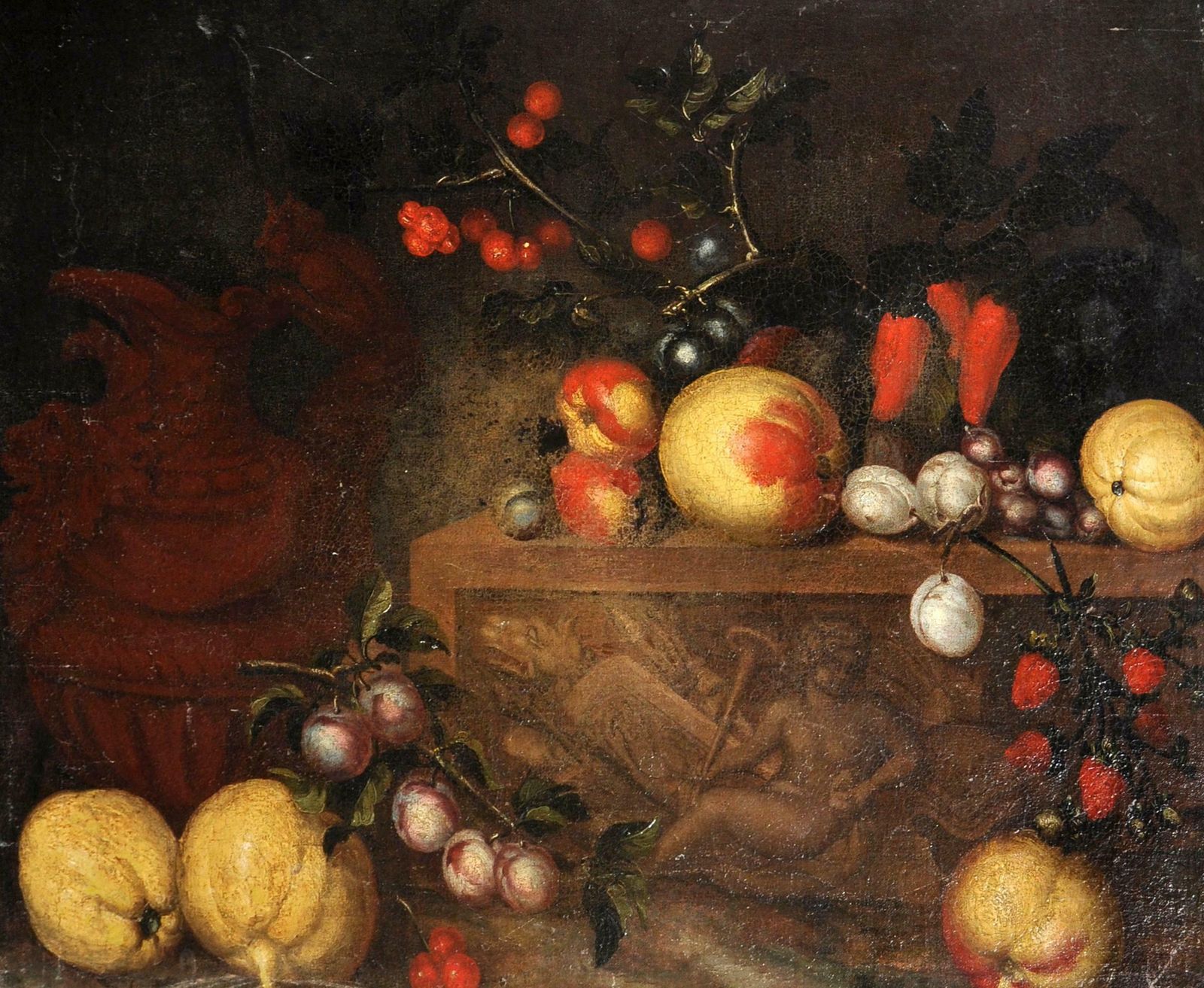 Italian Old Master17th Century Italian School Still Life Of Fruit On A Marble Ledge With A Ewer