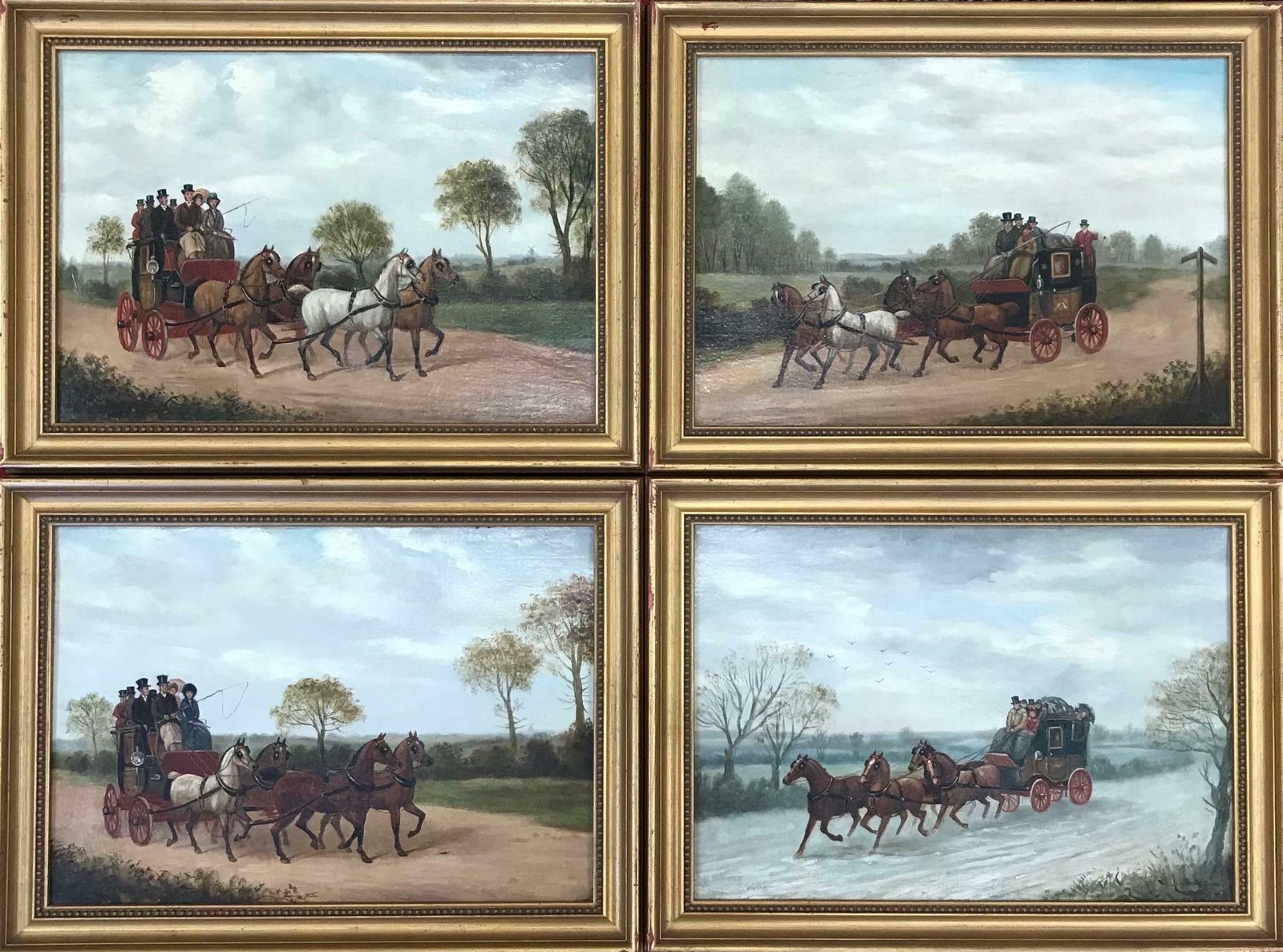 Set Of 4   Fine Victorian Coaching Scene Original Oil Paintings, Coach & Horsesc. 1870's