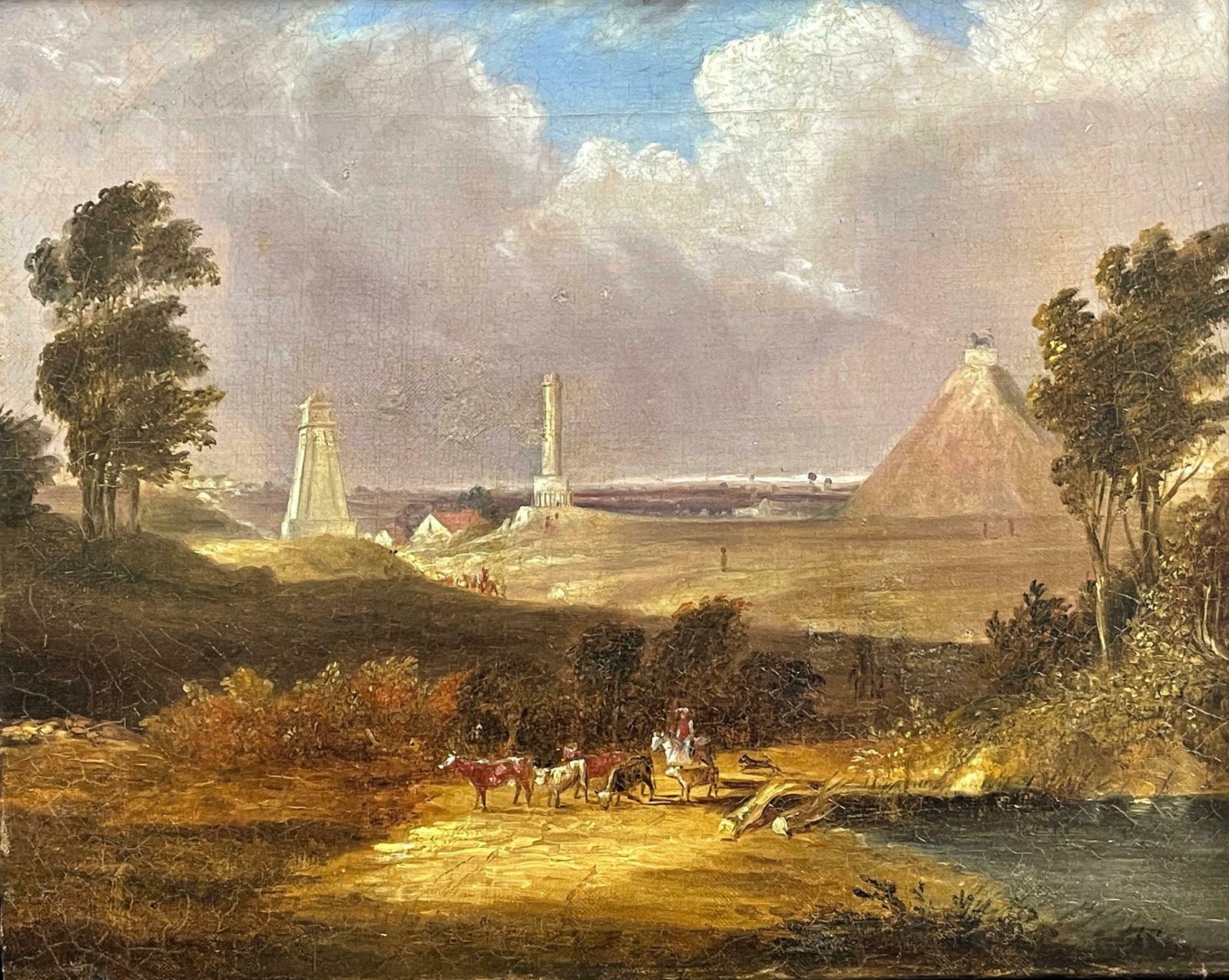 1850's Englishwaterloo Battlefield With 3 Monuments   Butte Du Lion, Antique Oil Painting19th Century photo buy