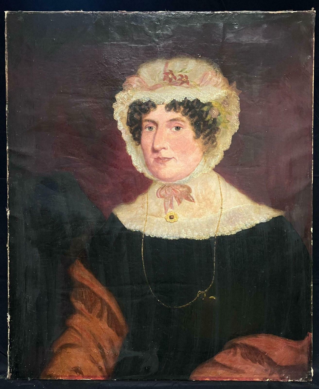 Victorian Englishmid 19th Century English Oil Painting Portrait Of A Lady In Lace Bonnet photo furniture