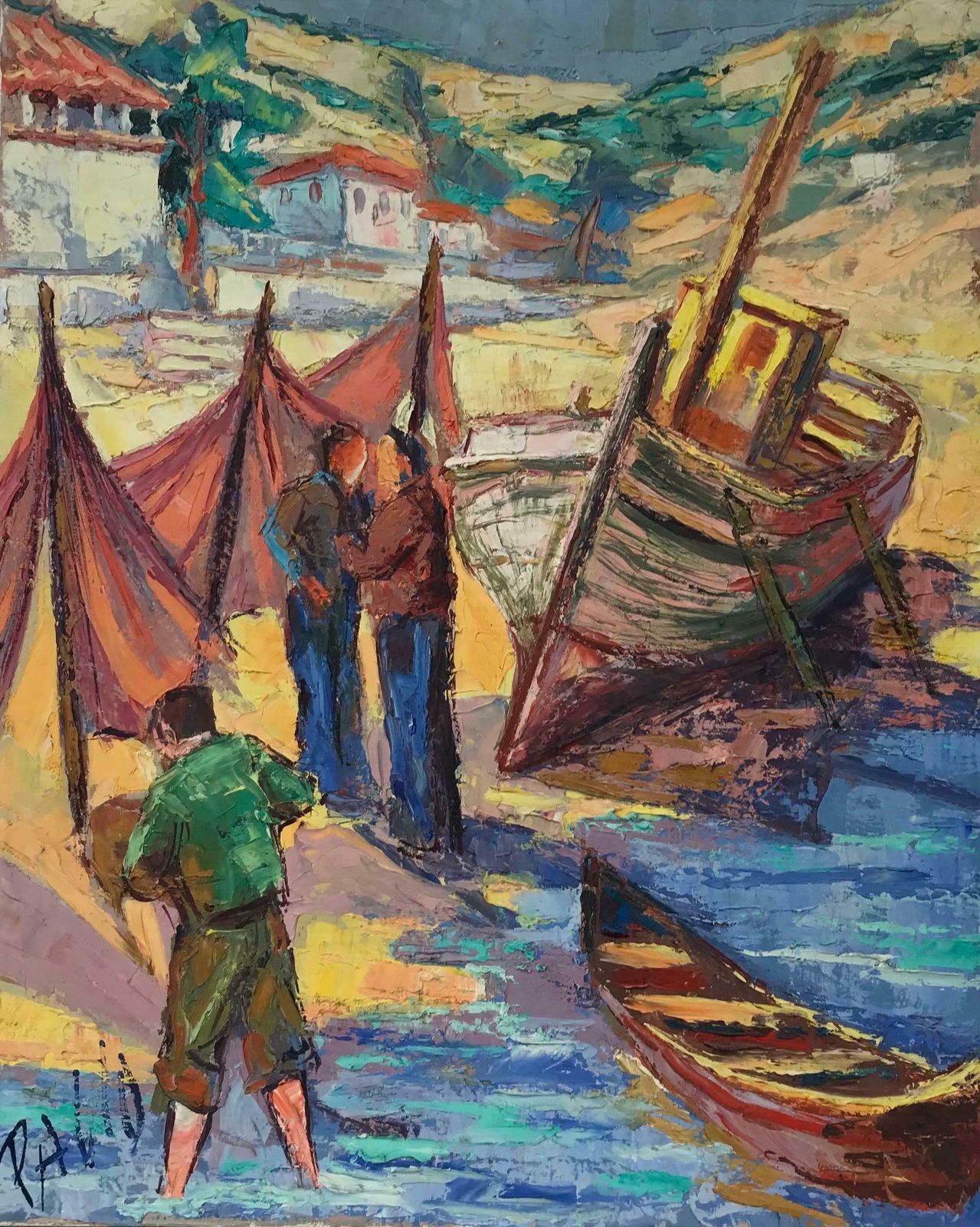French School1950's French Post Impressionist Signed Oil   Fishermen With Boats On Beach