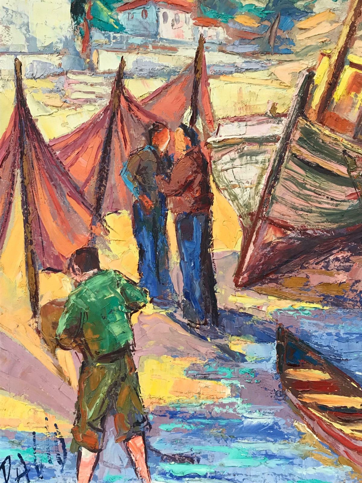 French School1950's French Post Impressionist Signed Oil   Fishermen With Boats On Beach photo for sale