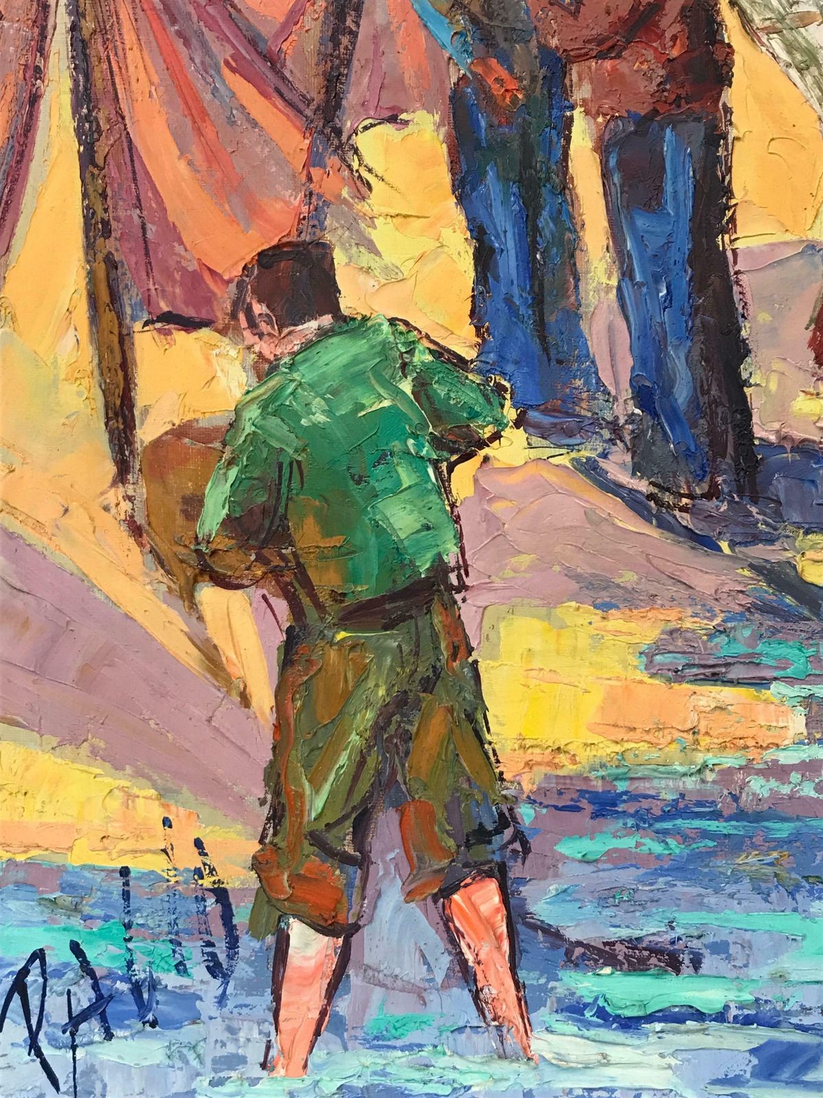 French School1950's French Post Impressionist Signed Oil   Fishermen With Boats On Beach photo buy