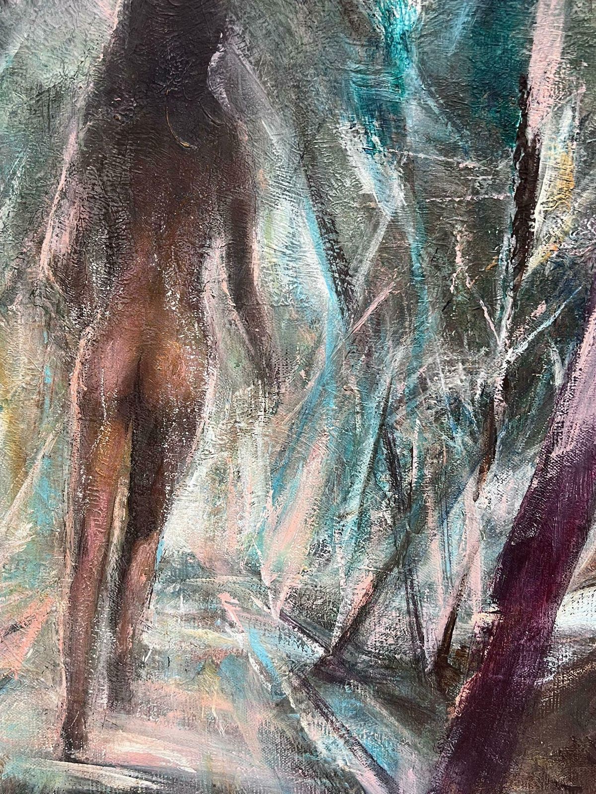 French Schoolhuge 1960's French Fantasy Abstract Oil Painting Nude Lady Walking Through Woods1960's photo vinterior