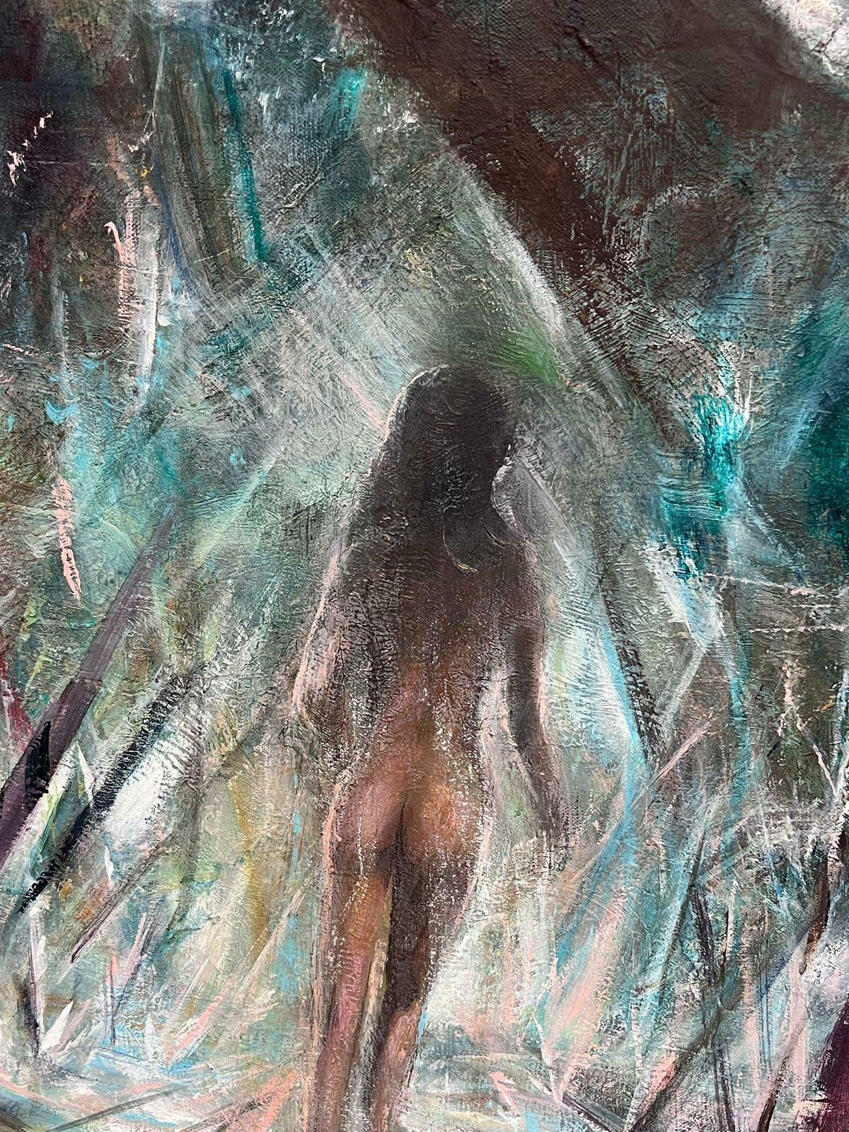 French Schoolhuge 1960's French Fantasy Abstract Oil Painting Nude Lady Walking Through Woods1960's photo buy