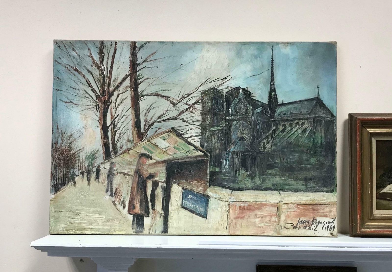 French School1960's French Signed Oil Painting Bouquinistes River Seine Notre Dame Paris photo furniture