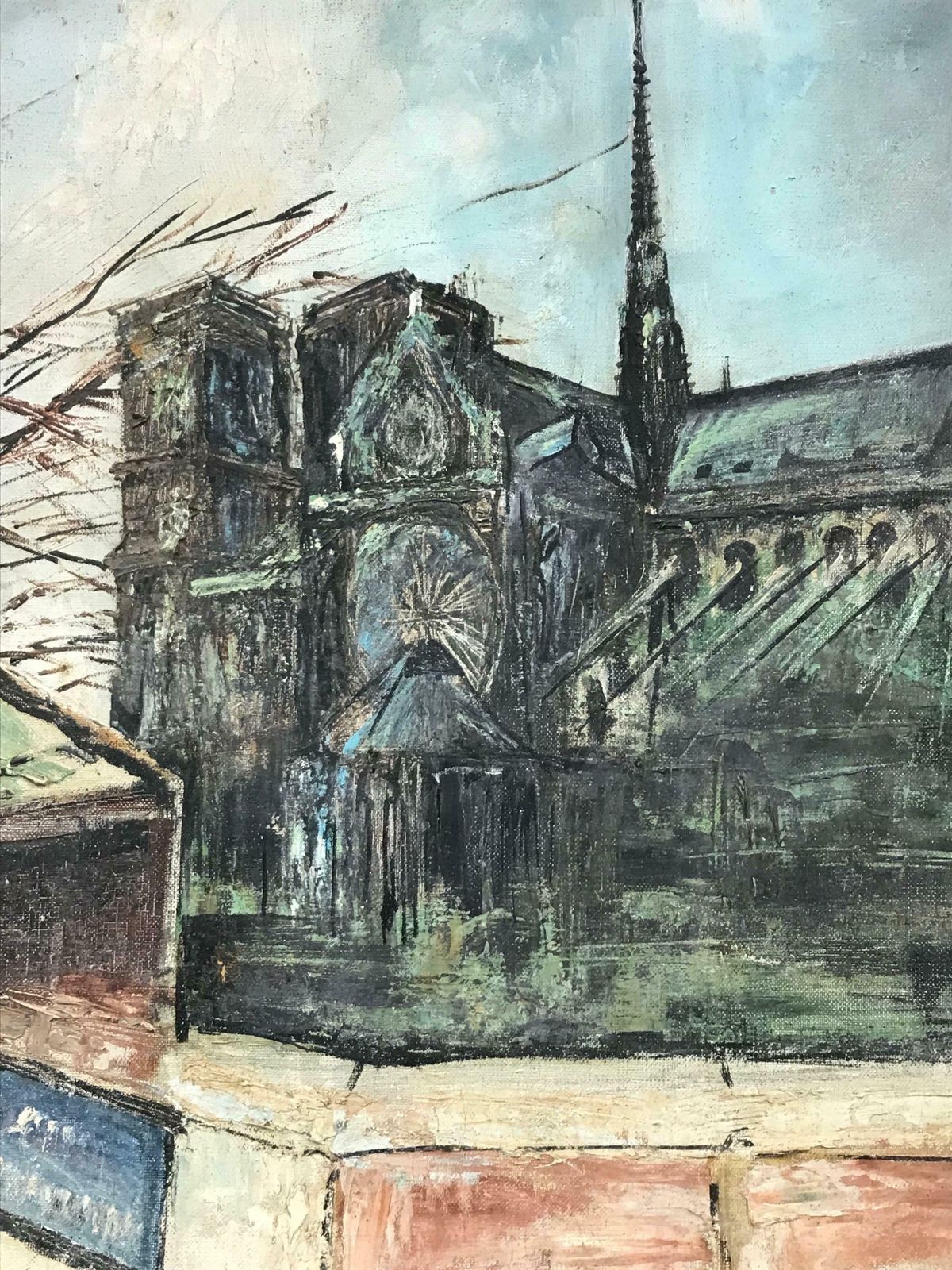 French School1960's French Signed Oil Painting Bouquinistes River Seine Notre Dame Paris photo Art