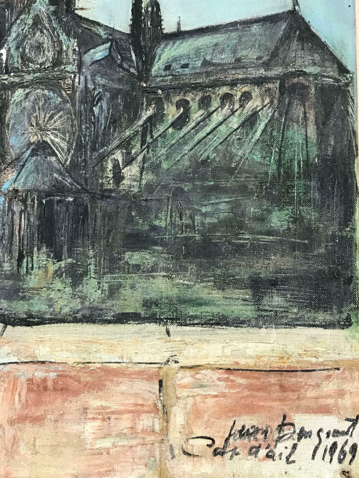 French School1960's French Signed Oil Painting Bouquinistes River Seine Notre Dame Paris photo 1245.0
