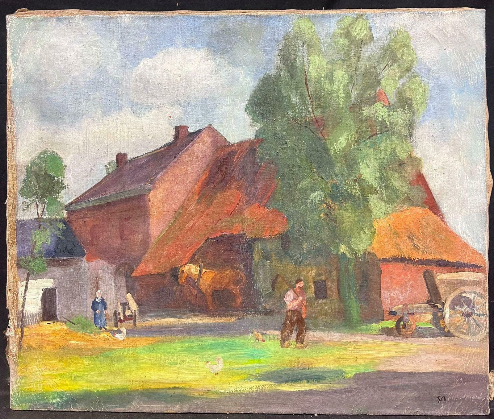 French Schoollarge Early 20th Century French Post Impressionist Oil Farmyard Scene Figures1917 photo furniture
