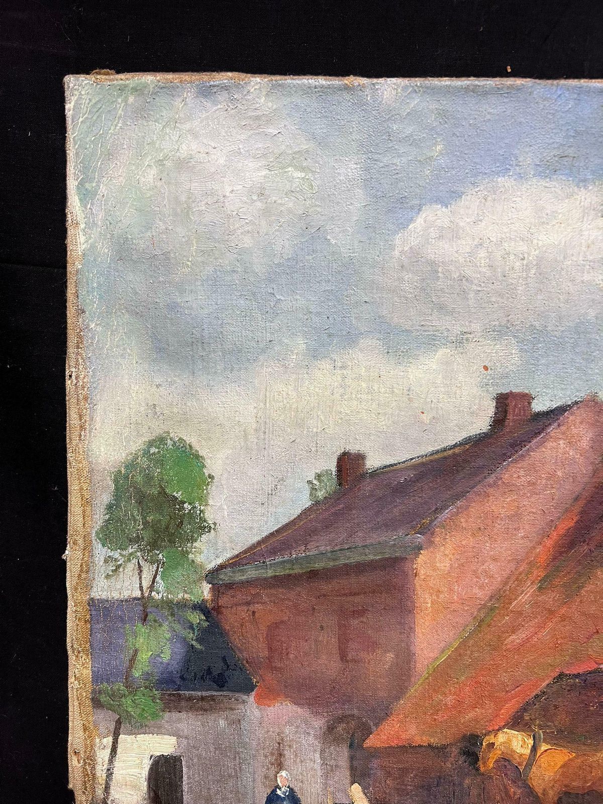 French Schoollarge Early 20th Century French Post Impressionist Oil Farmyard Scene Figures1917 photo vinterior