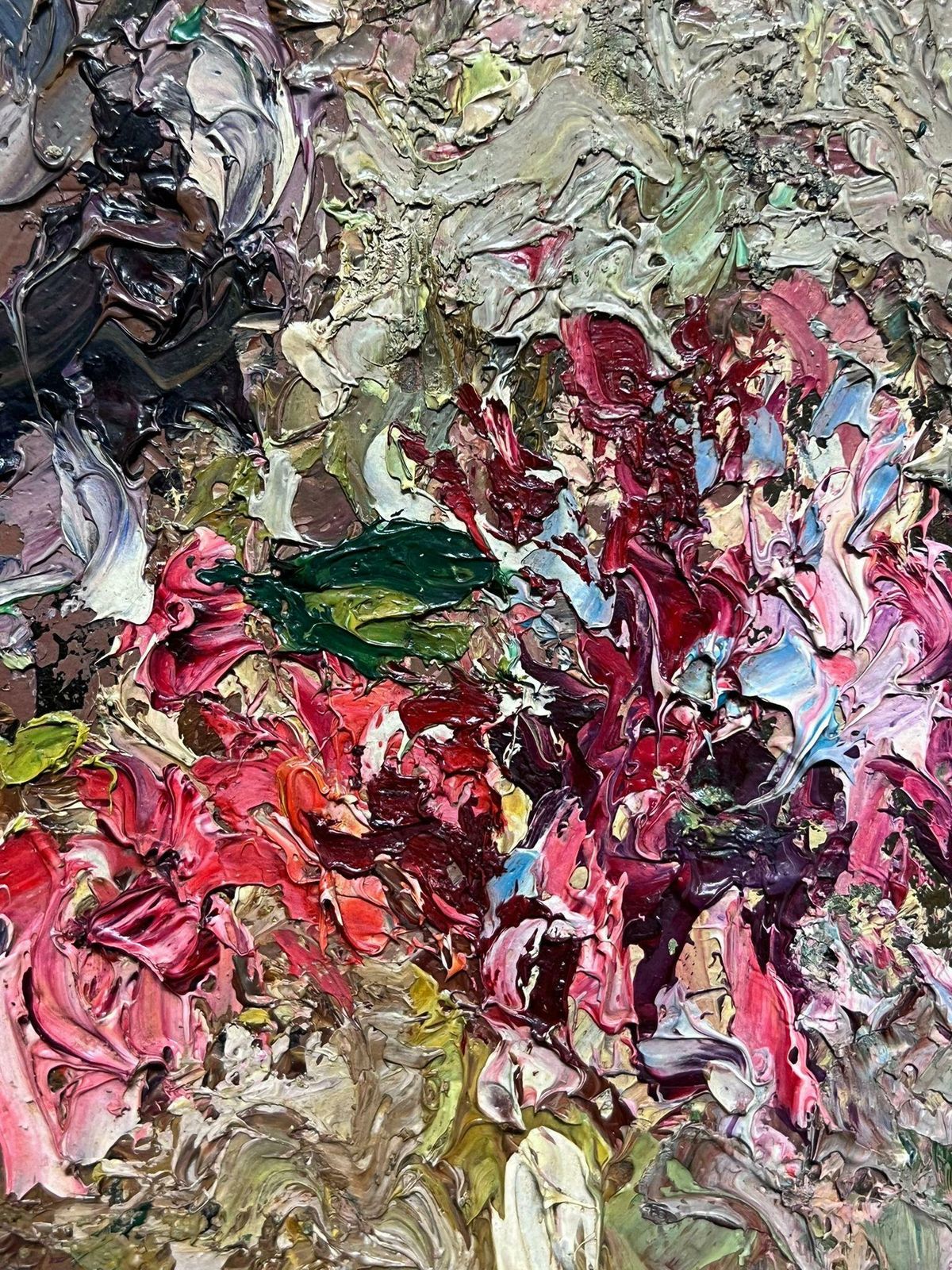 French School1940's French Post Impressionist Signed Oil Very Thick Impasto Pink Flowers 1945 photo Art