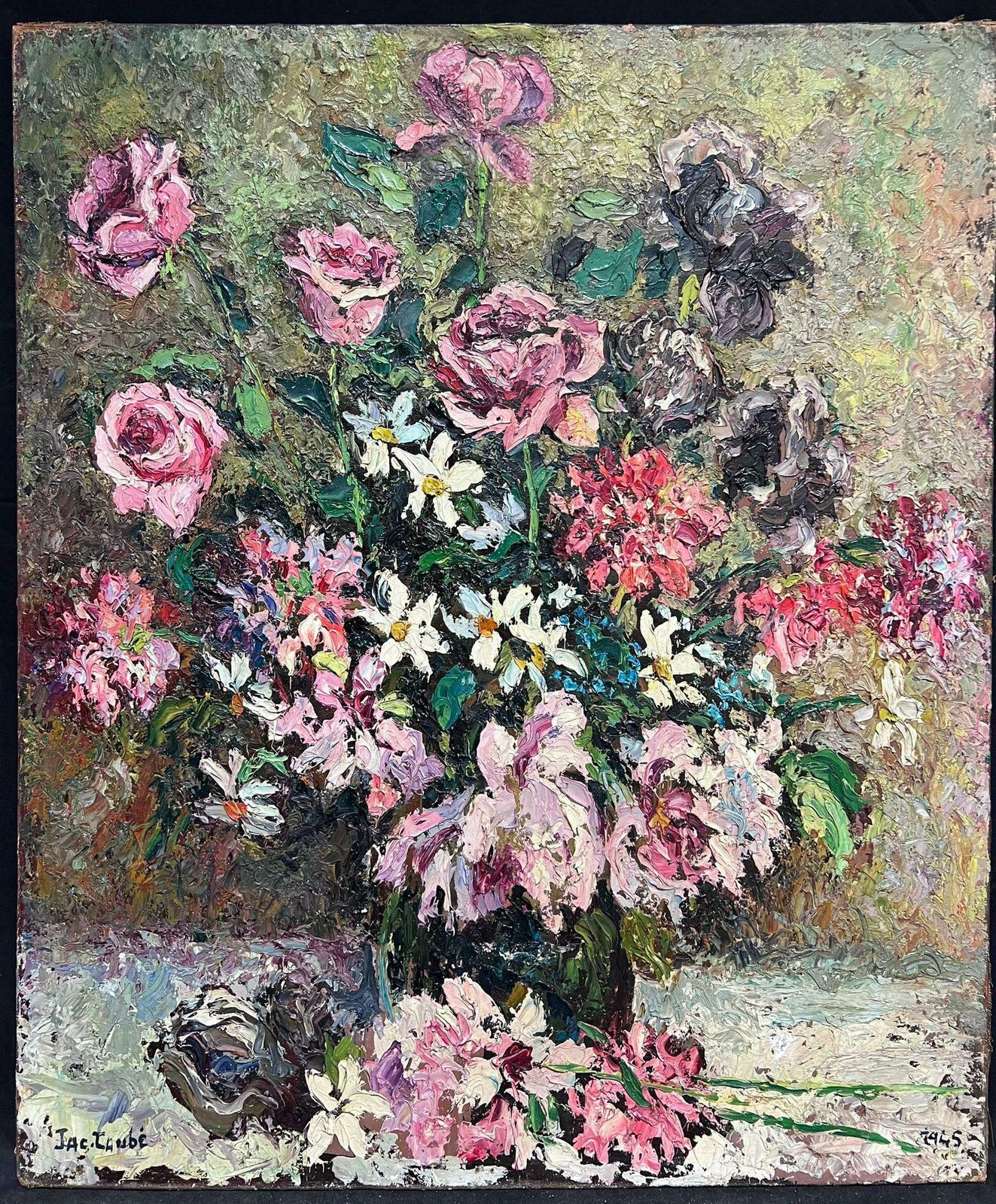 French School1940's French Post Impressionist Signed Oil Very Thick Impasto Pink Flowers 1945 photo vinterior