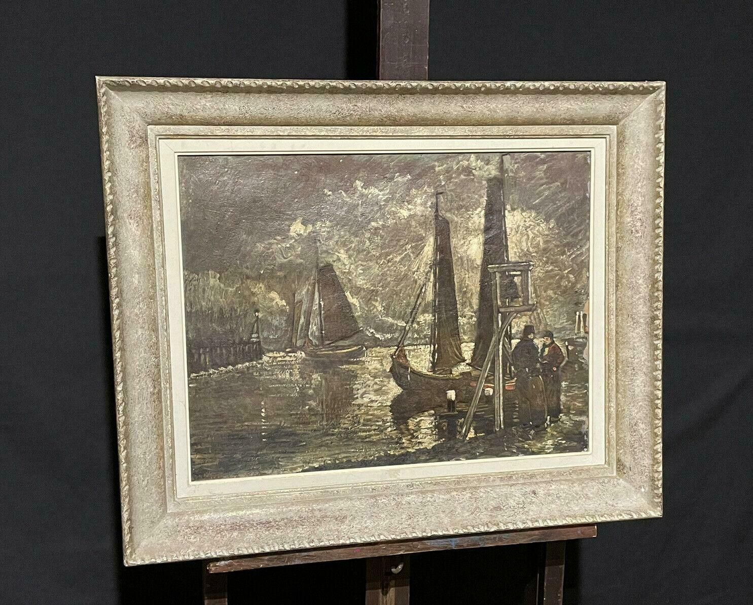 Unknownvintage French Signed Oil   Fishermen Chatting By Harbour   Signed & Framedmid Century photo for sale