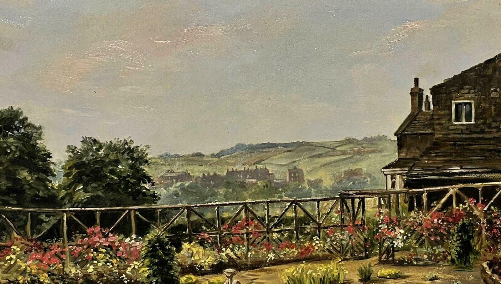 British Schoolcountry House Garden And Terrace Far Reaching Panoramic Landscape Views, Oil photo Art