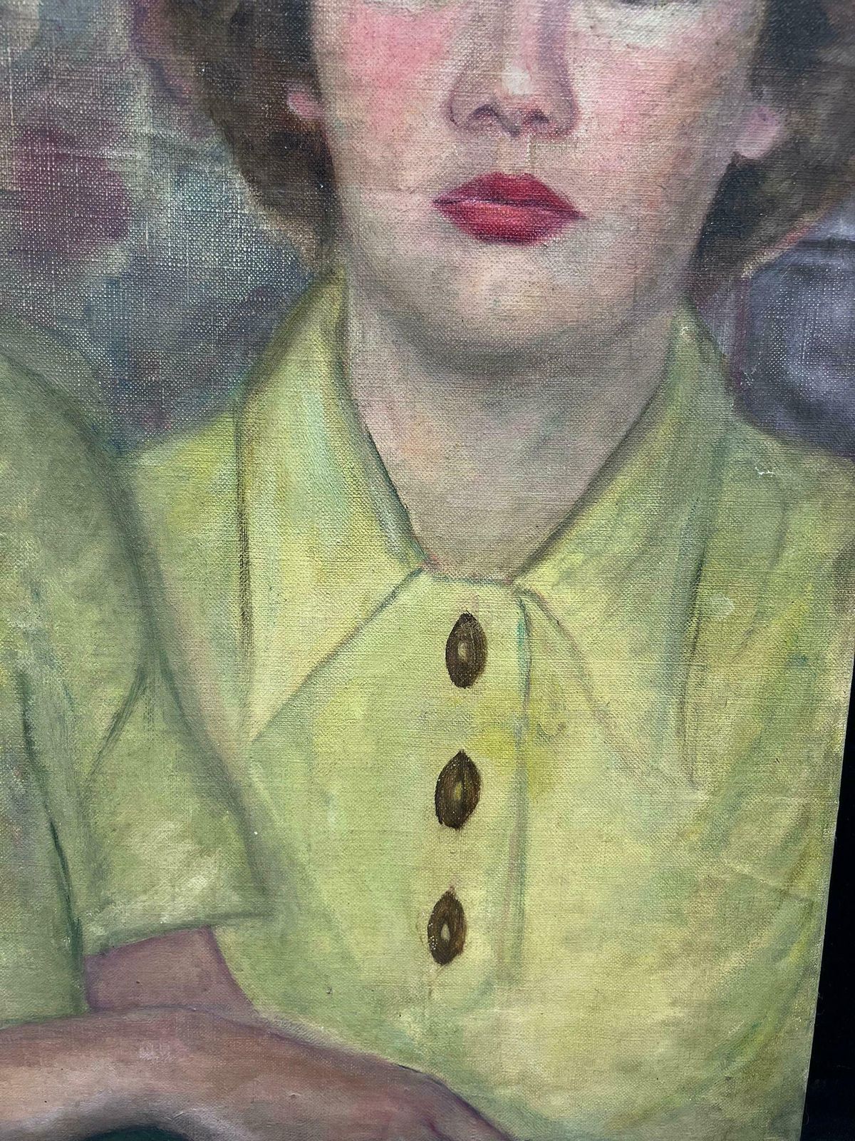 French School1930's Large French Oil Painting Twin Sisters In Yellow Blouses In Interior1930's photo for sale