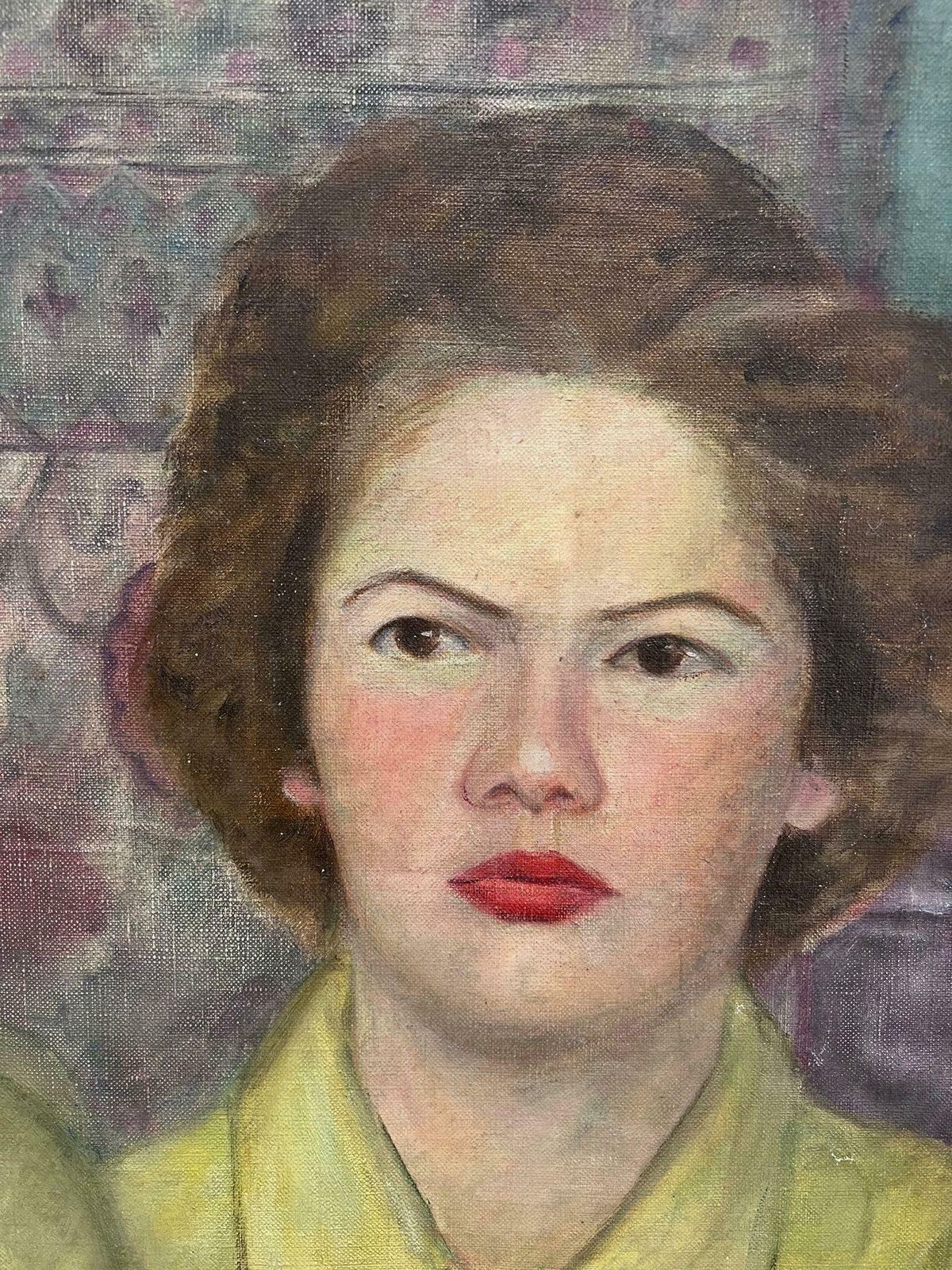 French School1930's Large French Oil Painting Twin Sisters In Yellow Blouses In Interior1930's photo vinterior
