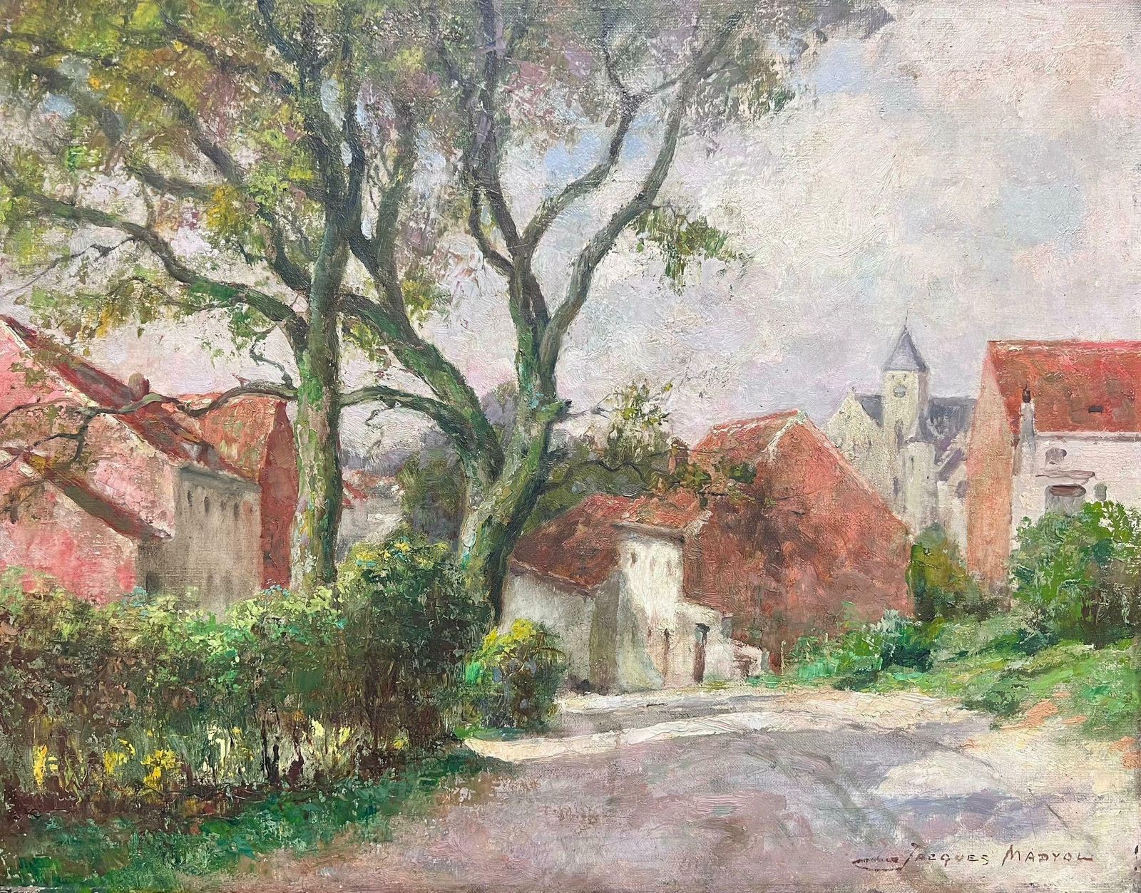 Jacques Madyol1930's Belgian Impressionist Signed Large Oil Dappled Lit Autumn Street Village1930's