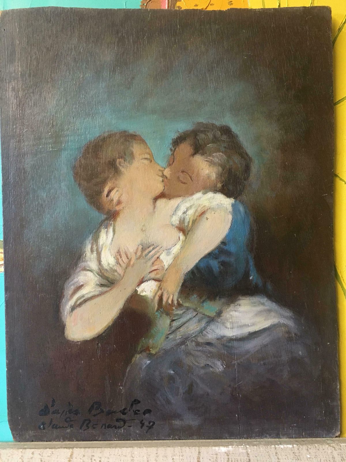 Claude Benard"Le Baiser D'apres Boucher", Impressionist Portrait, Oil Painting, Signed1947 photo furniture