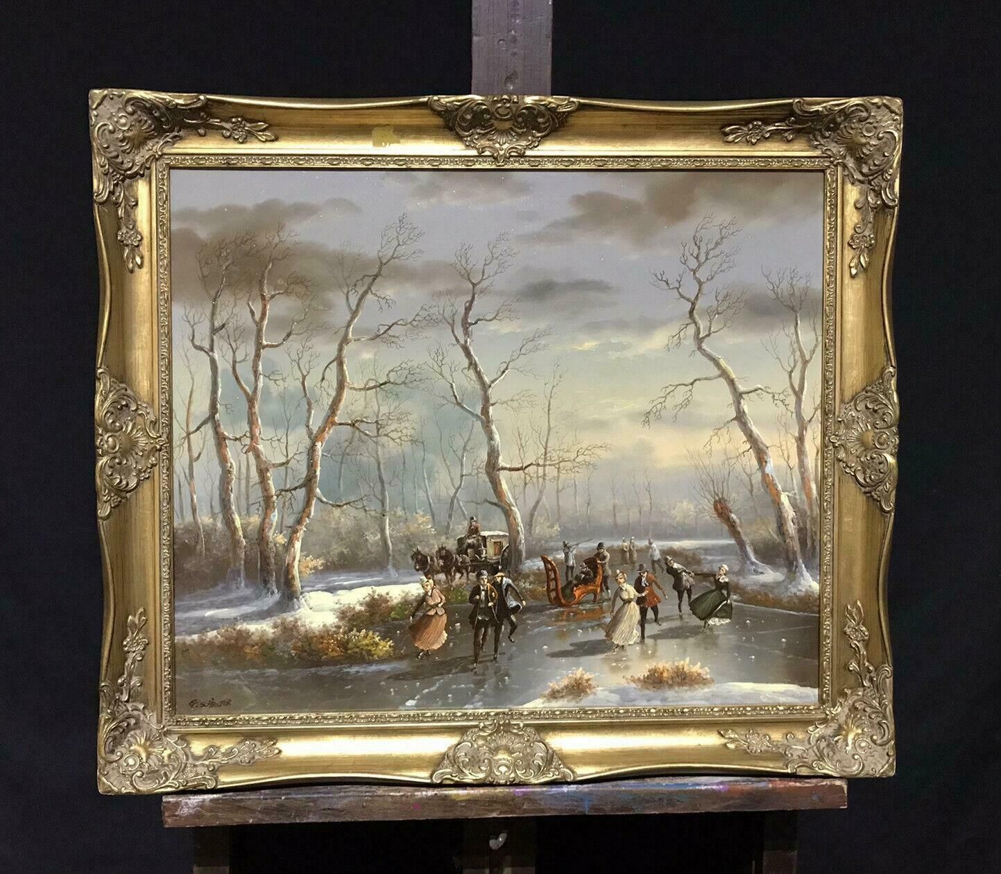 Dutch Schoolclassical Dutch Winter Scene Oil Painting   Figures Skating On Ice   Signed20th Century photo furniture