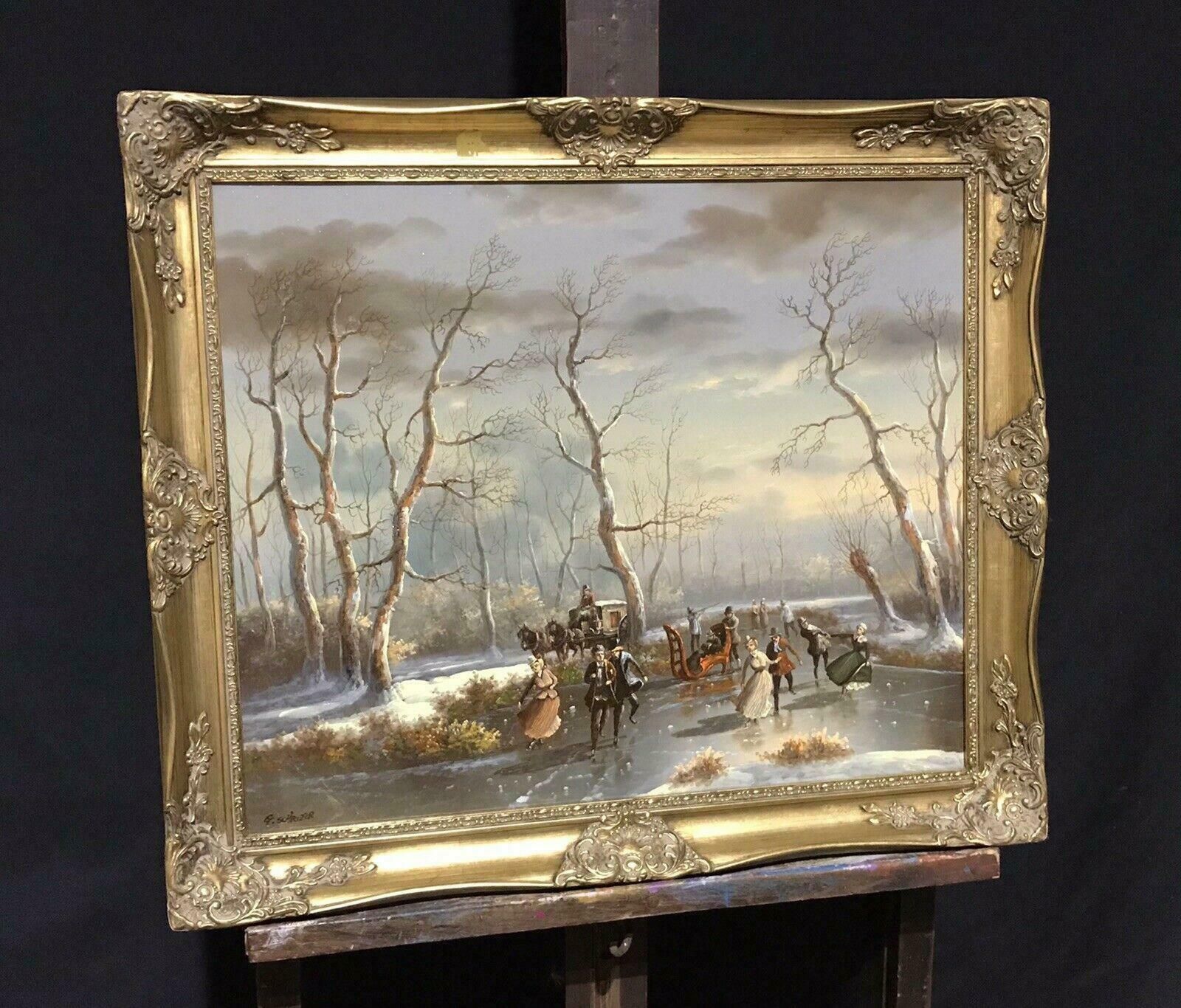 Dutch Schoolclassical Dutch Winter Scene Oil Painting   Figures Skating On Ice   Signed20th Century photo Art