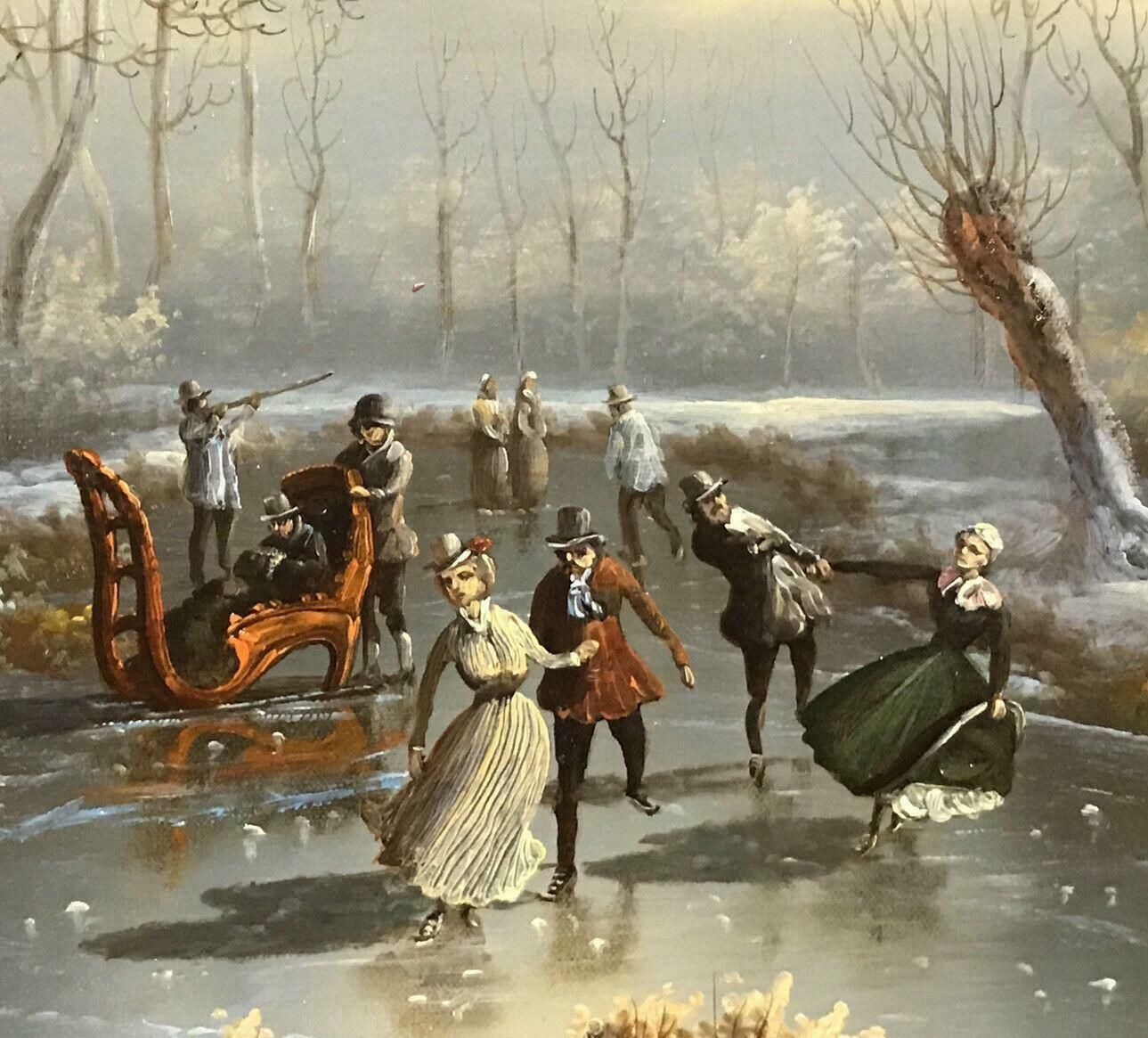 Dutch Schoolclassical Dutch Winter Scene Oil Painting   Figures Skating On Ice   Signed20th Century photo vinterior