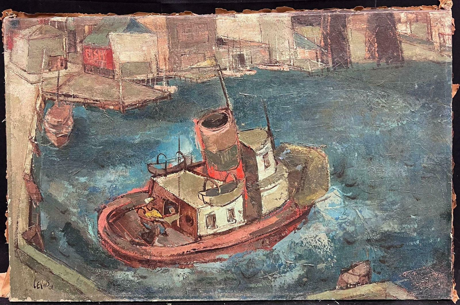 John Chapman Lewis (1920 1994)fishing Boat In New York Harbor 1948 Original Signed Oil Painting Modernist1948 photo furniture
