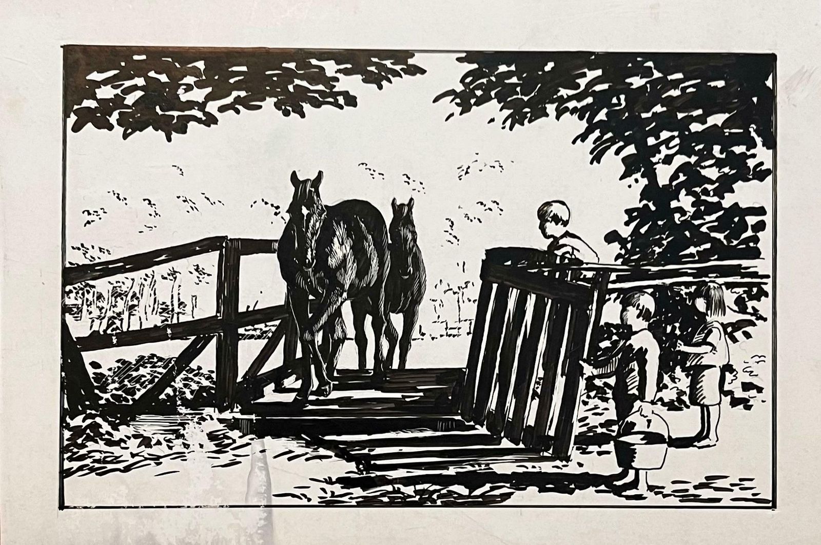 Robert Ladouoriginal French Study Of Children Watching Horses Cross A Bridge20th Century