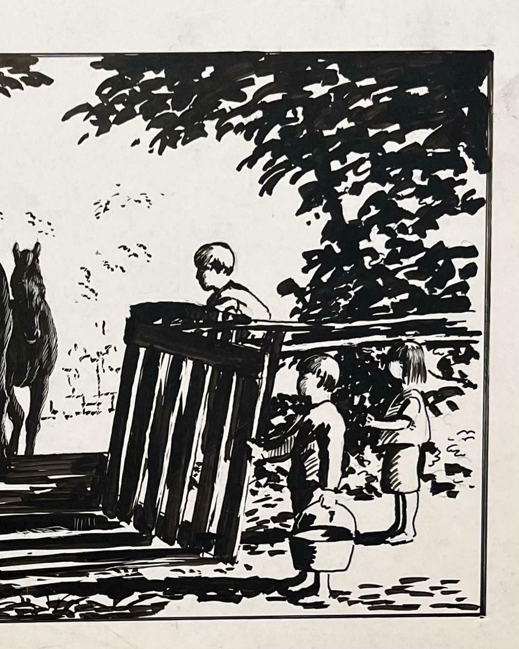 Robert Ladouoriginal French Study Of Children Watching Horses Cross A Bridge20th Century photo Art