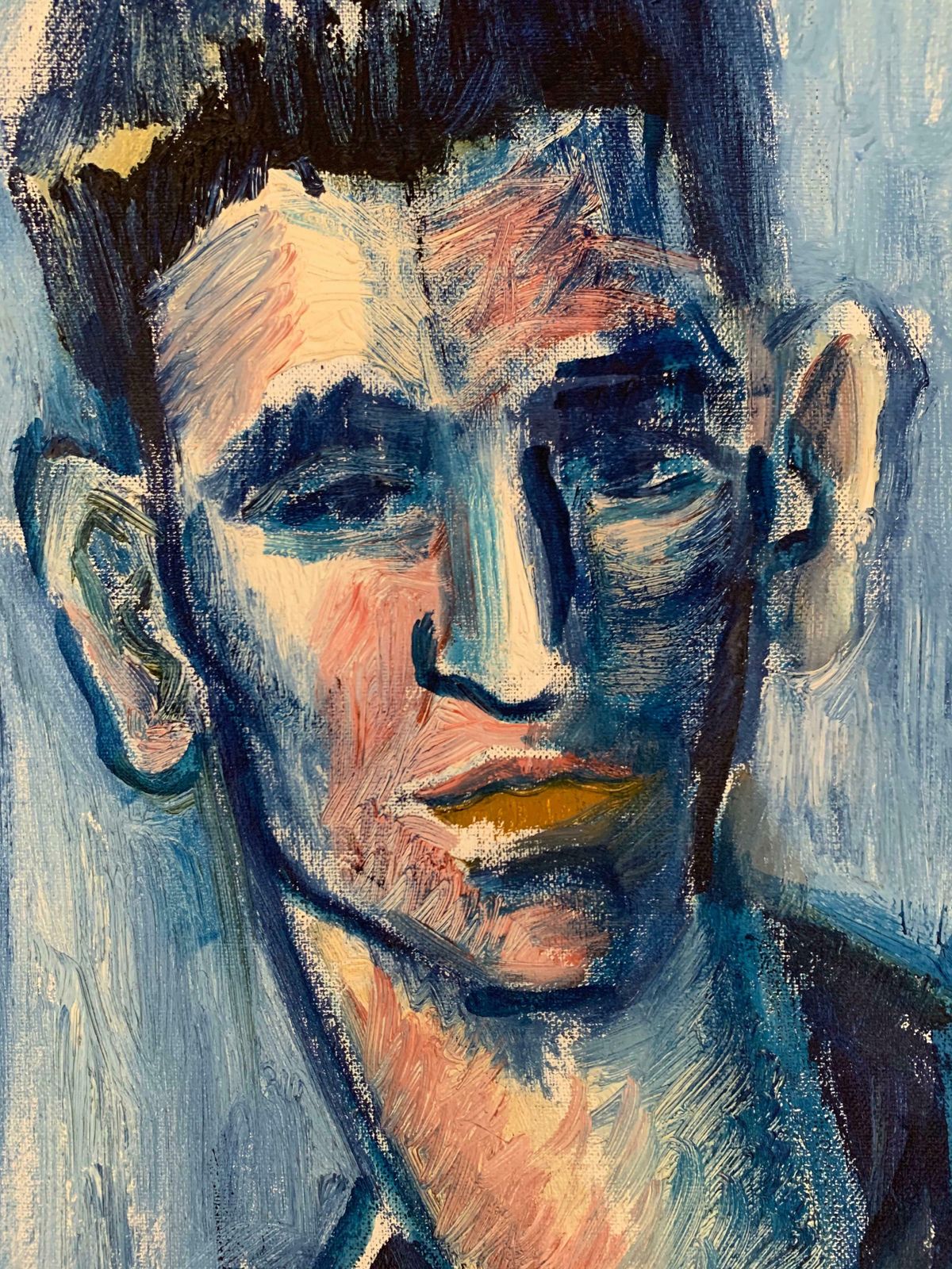 French Painterportrait Of Young Man In Blue, French School, Oil On Canvas Framed Modernc.2000 photo vinterior