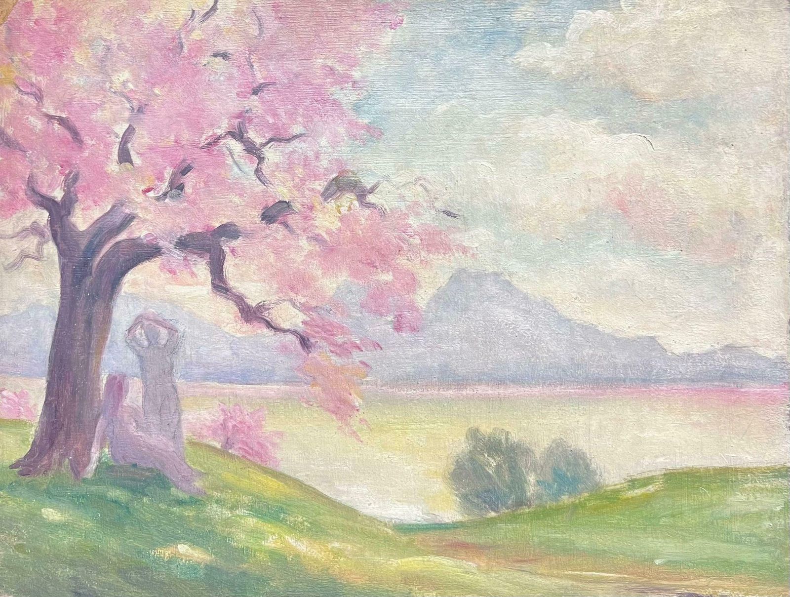 Regine Davidbathers By French Lake Pink Blossom Trees 1950's French Post Impressionist Oil 1950's