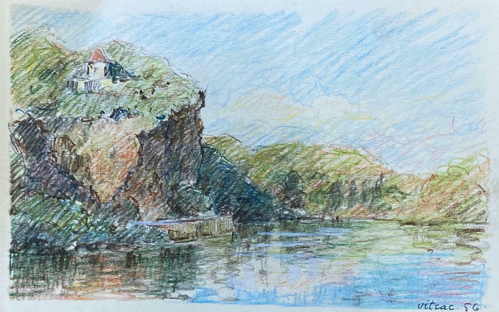 Camille Meriotvitrac France French Signed Impressionist Crayon Drawing   Cliffs Over Lakec. 1940's