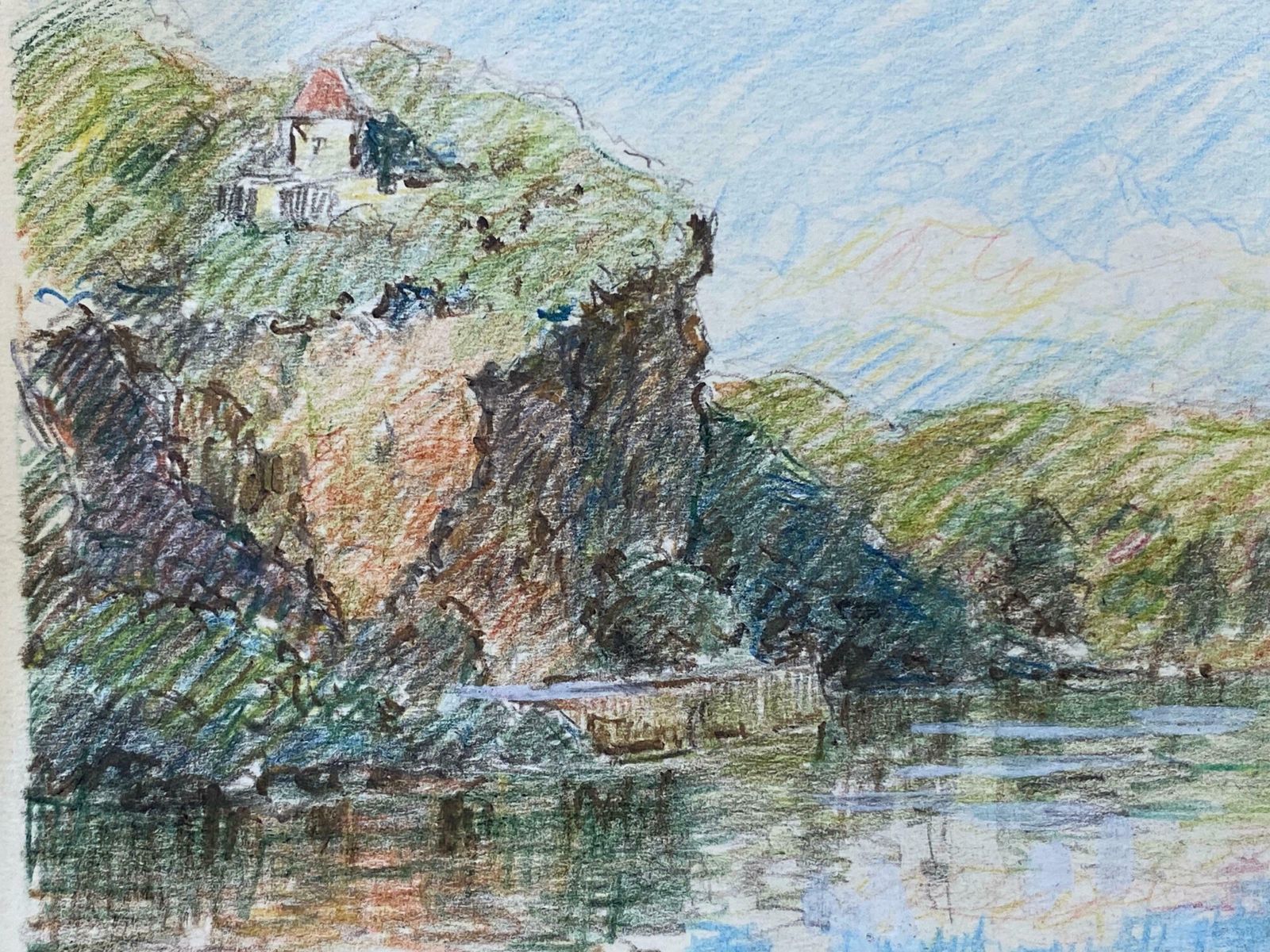 Camille Meriotvitrac France French Signed Impressionist Crayon Drawing   Cliffs Over Lakec. 1940's photo furniture