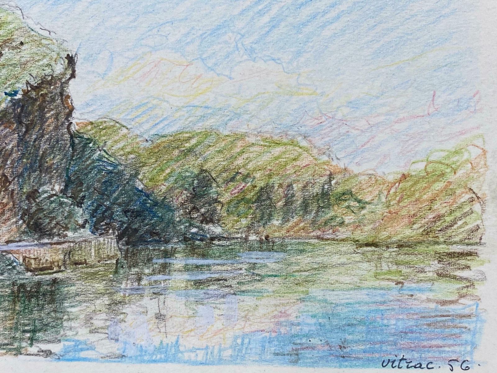 Camille Meriotvitrac France French Signed Impressionist Crayon Drawing   Cliffs Over Lakec. 1940's photo for sale
