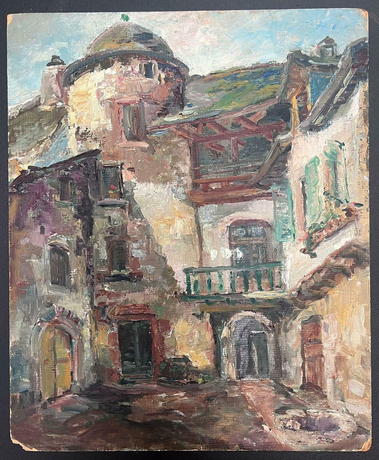 Regine Davidmid 20th Century 1950's French Post Impressionist Oil Medieval Town Buildings1950's photo furniture