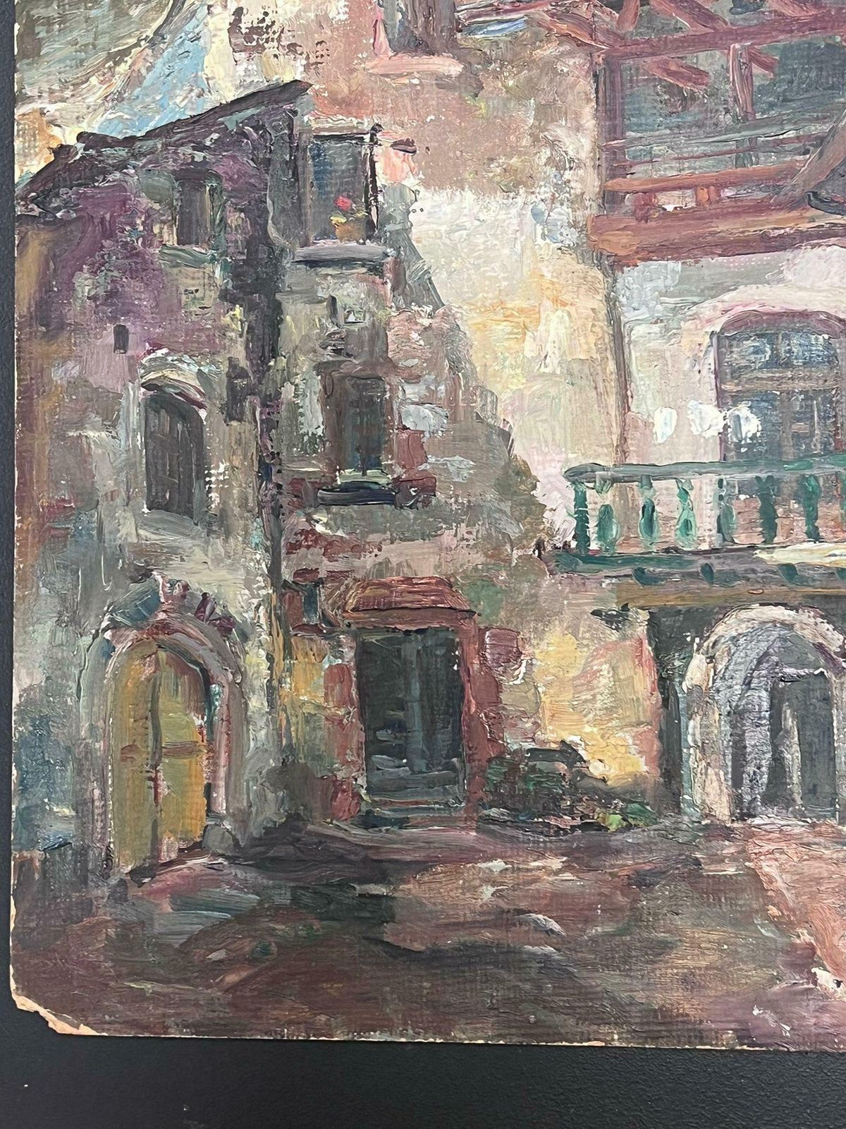 Regine Davidmid 20th Century 1950's French Post Impressionist Oil Medieval Town Buildings1950's photo for sale