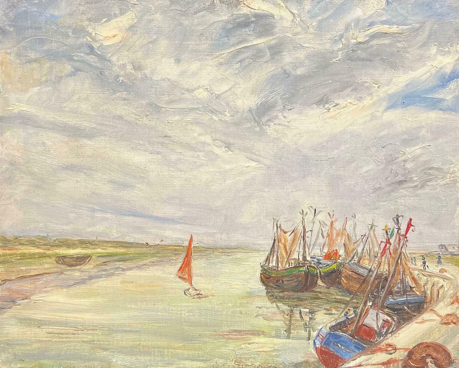 Simone Forgefishing Boats Anchored Along The Shore With A Red Sailed Dinghy Harbor Landscape19th Century