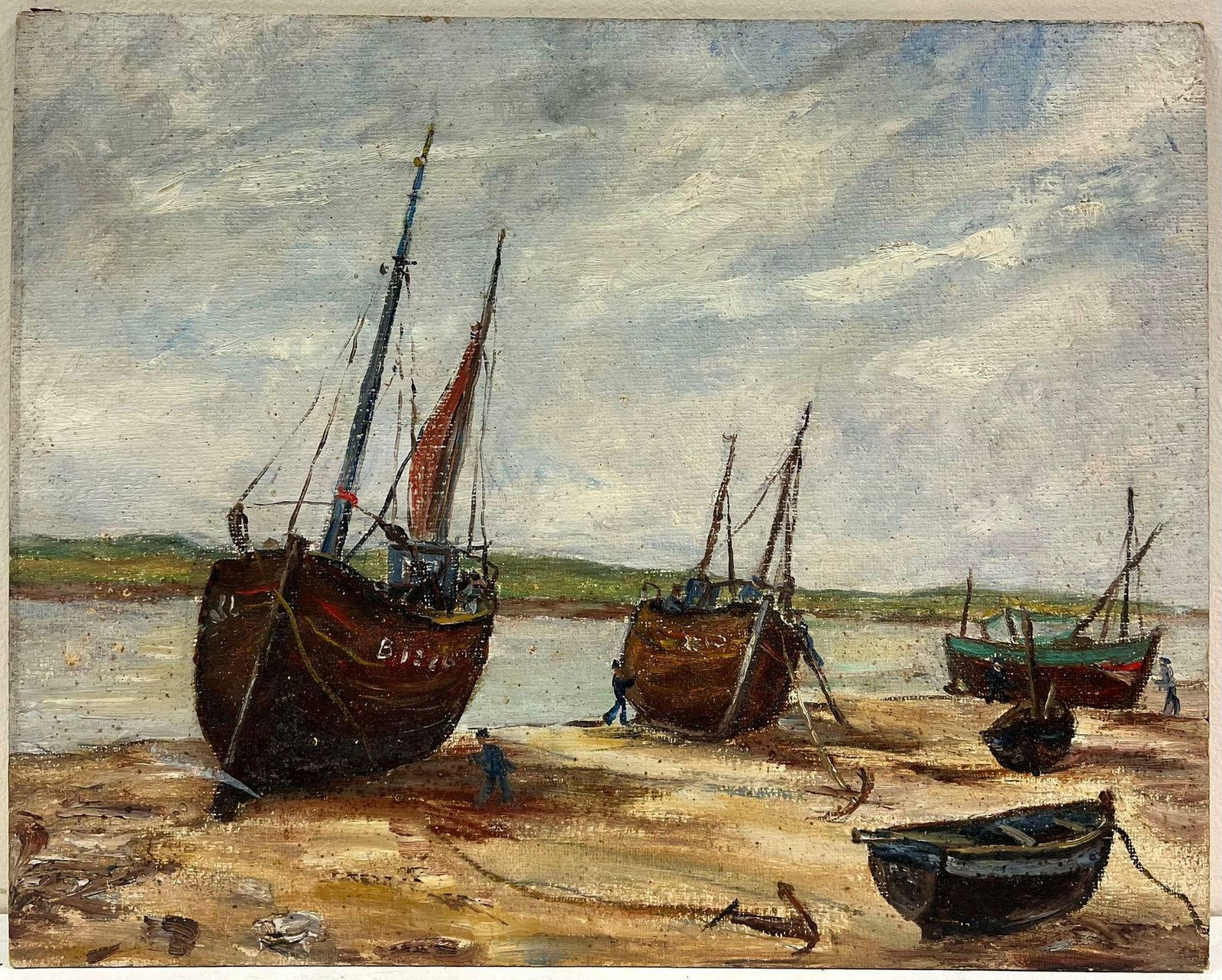 Simone Forge1950's French Impressionist Oil Fishing Boats Anchored Beach Estuary1950's photo furniture