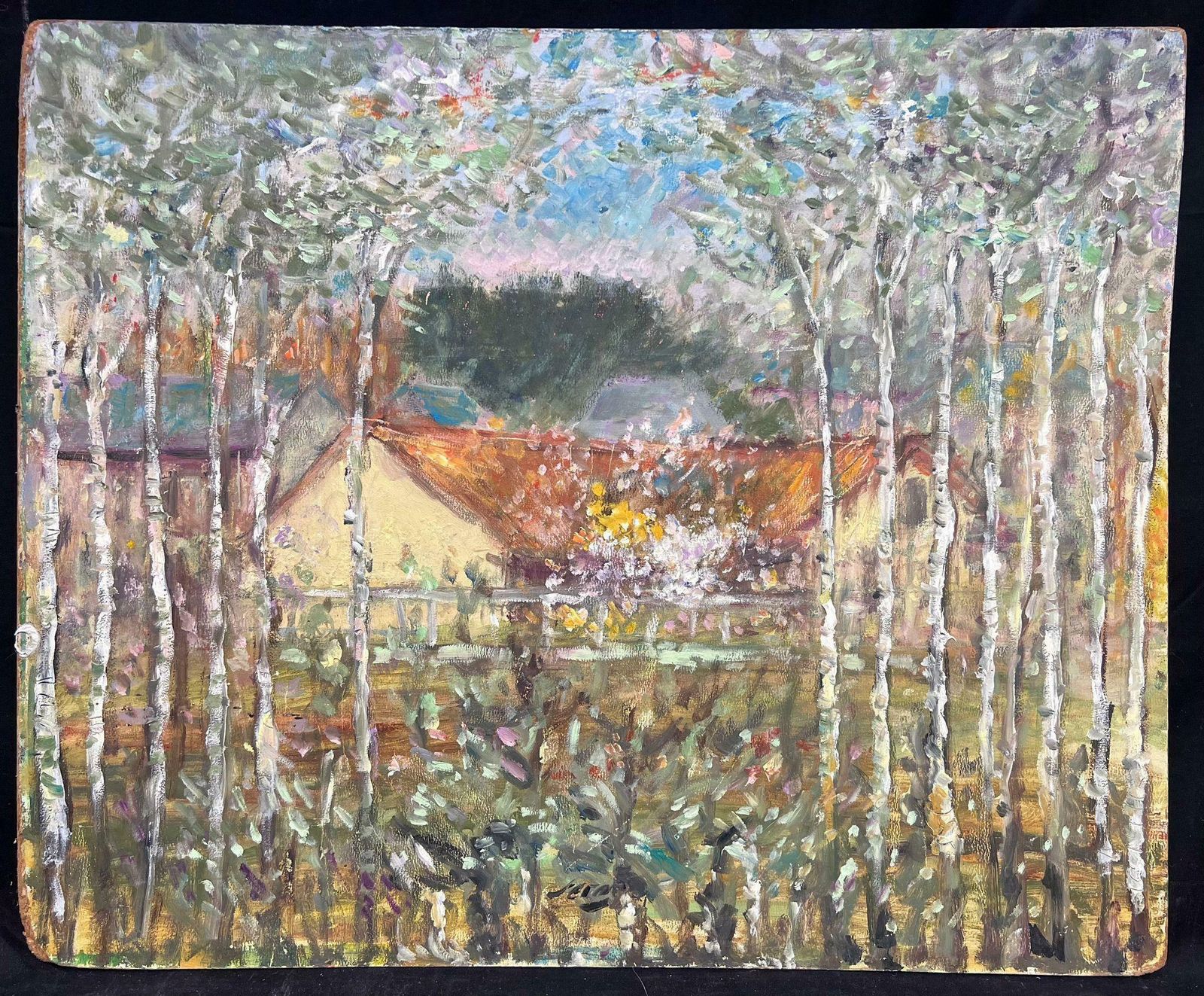 1930's French Post Impressionistfrench Post Impressionist Village Scene Silver Birch Trees Vibrant Oil Painting 1930's photo furniture
