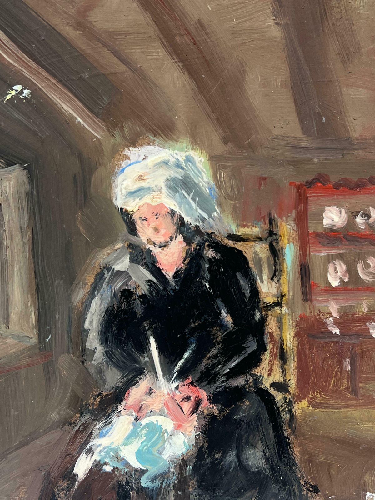 Fanch Lelwoman Knitting In A Rustic Cottage Interior Painting Original French Oil20th Century photo Art