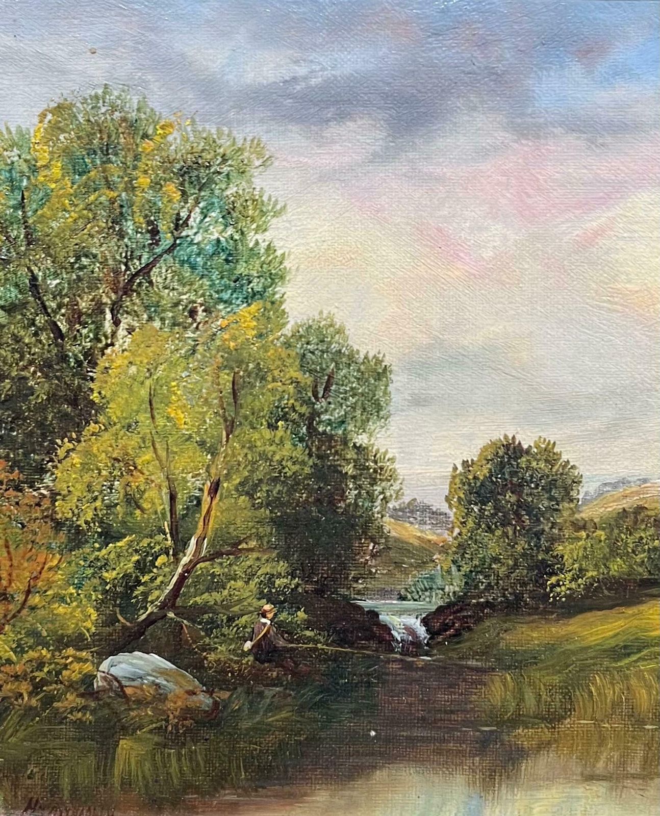 English Victorian Oil Signed 19th Century British Oil Painting Angler On Golden Light River19th Century photo 916.0
