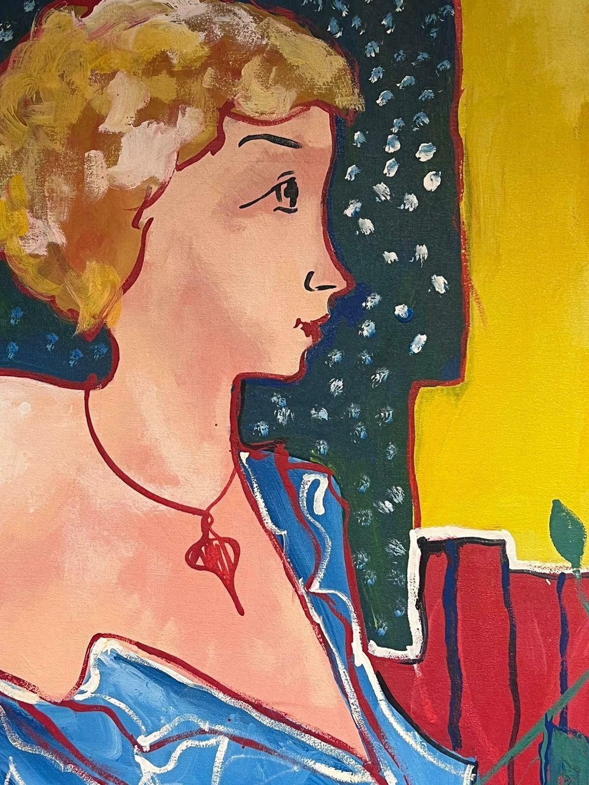 French Schoollarge 20th Century French Modernist Oil Painting Portrait Of Lady Holding Rose photo buy