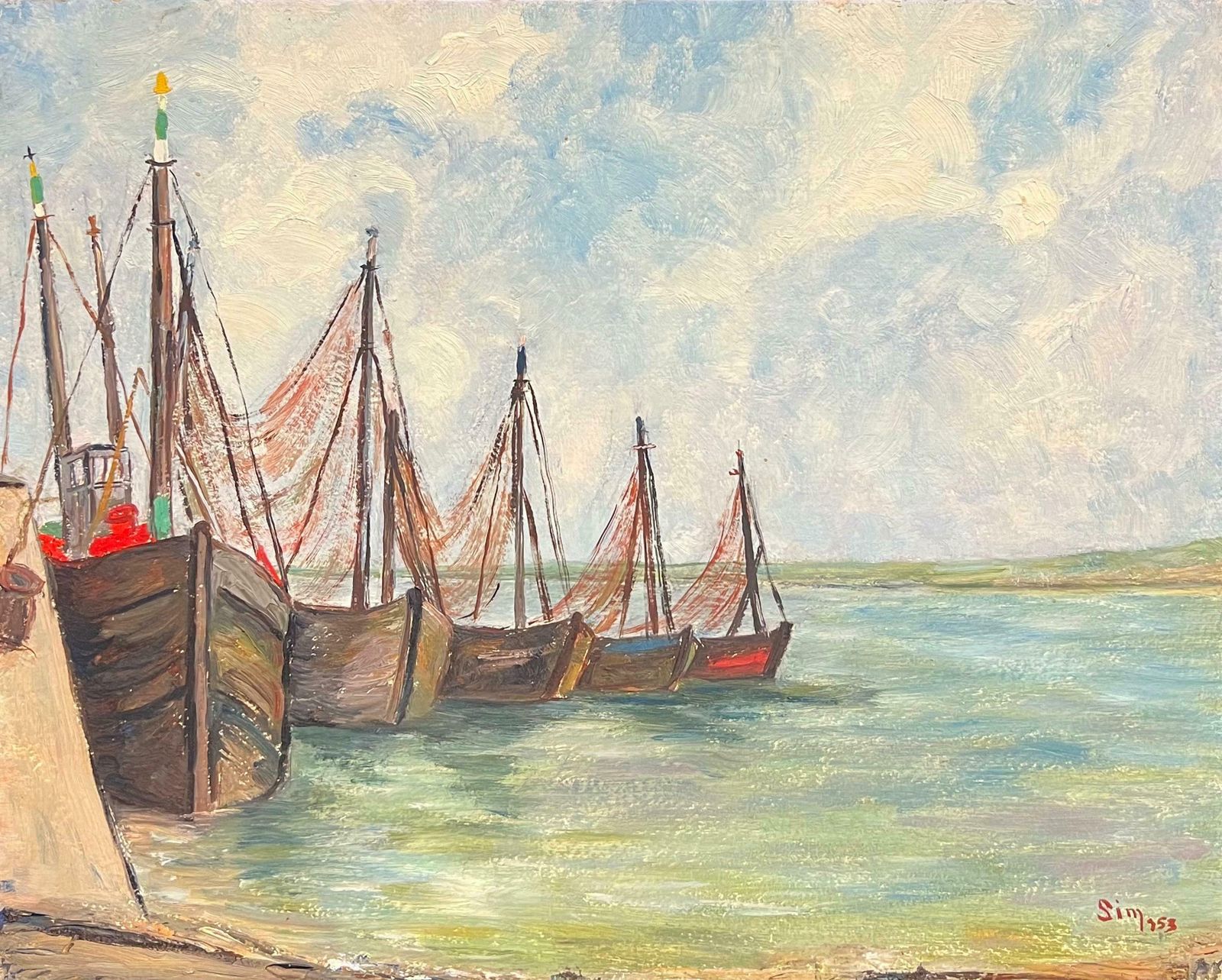 Simone Forge1950's French Impressionist Fishing Boats Moored Harbour Estuary
