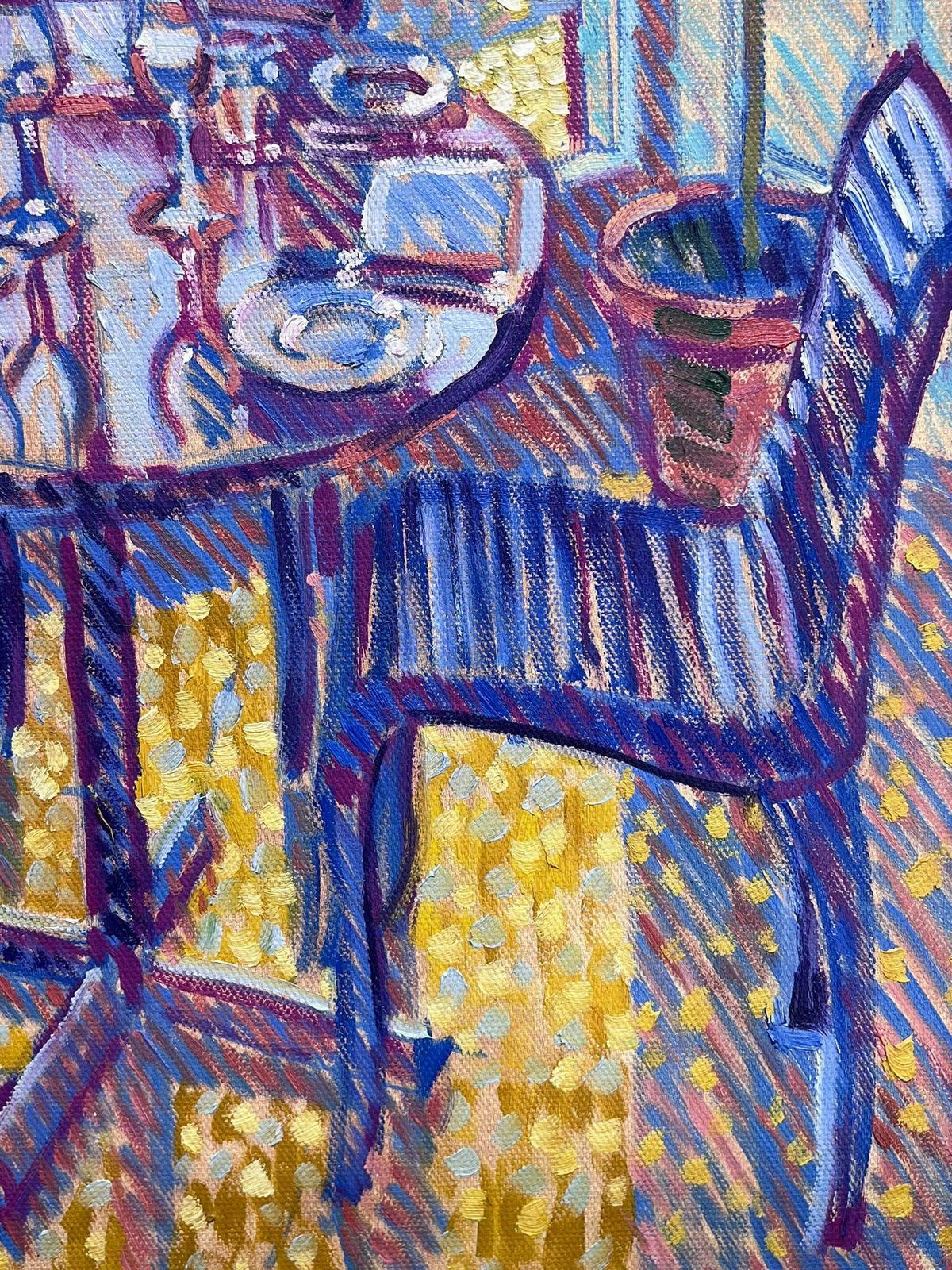 English Contemporaryluminous Purple Dining Table Sunlit Interior Oil Painting Framed Modern English photo for sale