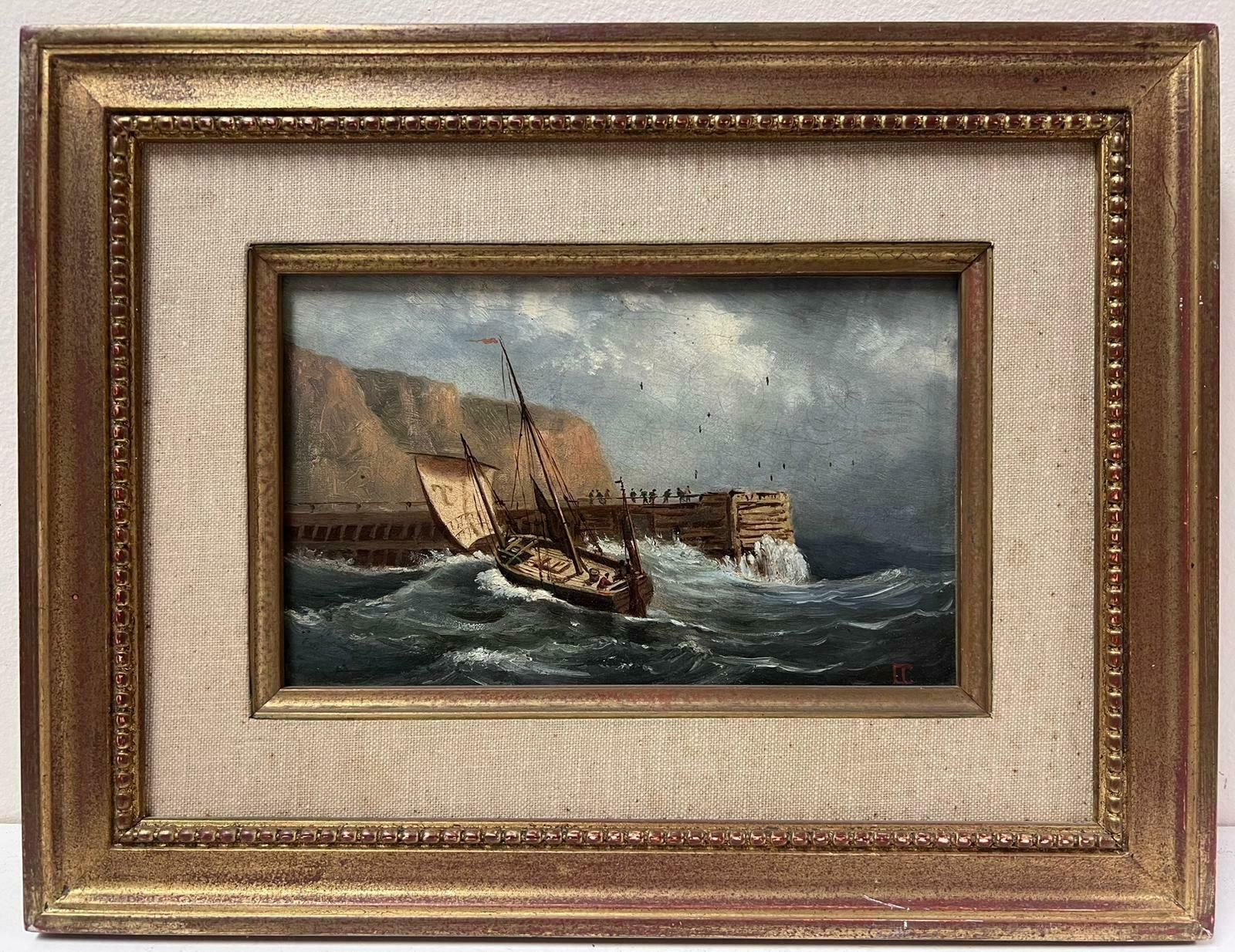 French 19th Centuryantique French Oil Painting Sailing Ships On Choppy Seas In Stiff Breeze