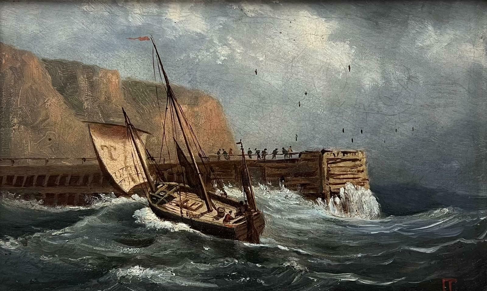 French 19th Centuryantique French Oil Painting Sailing Ships On Choppy Seas In Stiff Breeze photo furniture