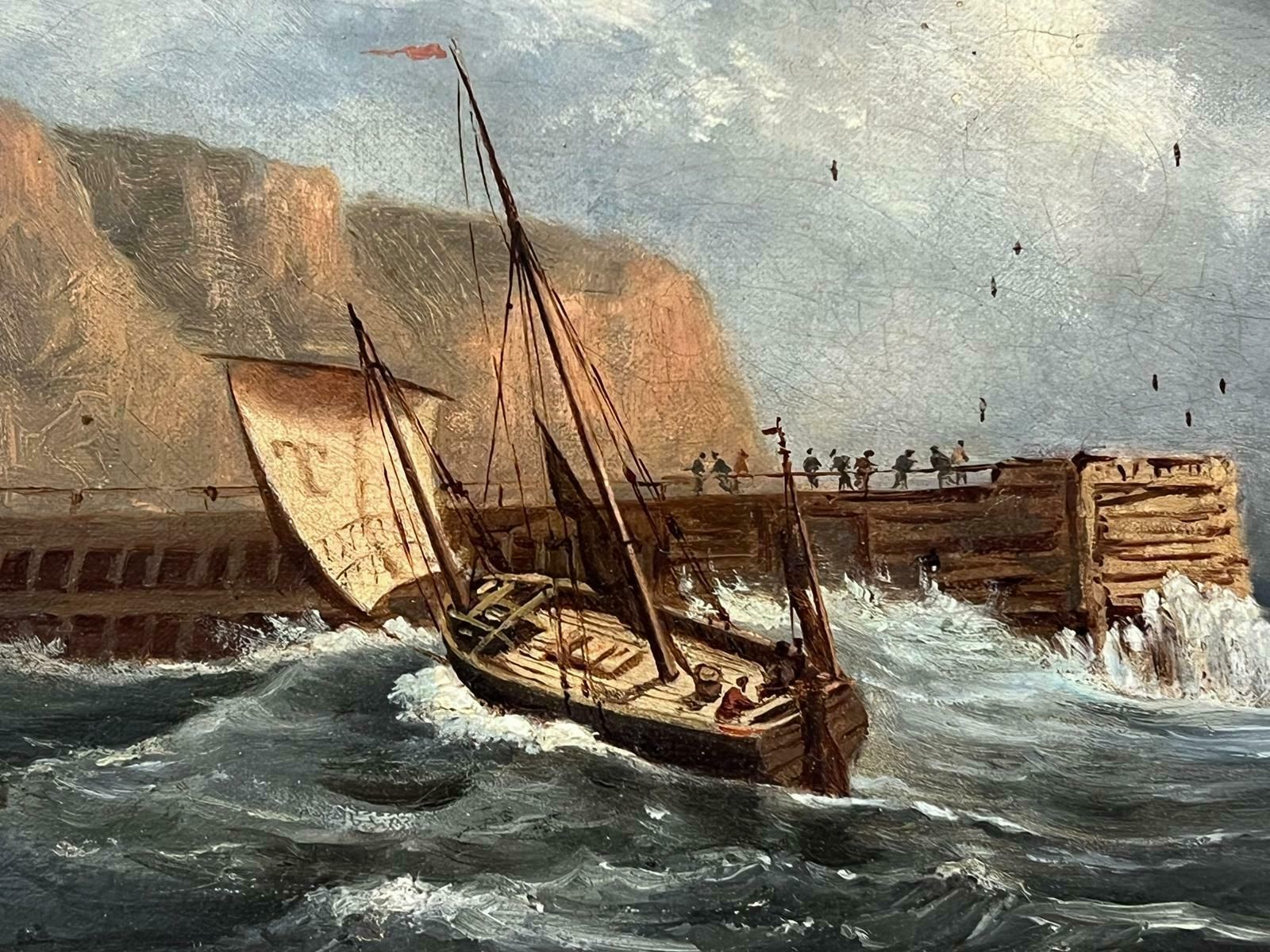 French 19th Centuryantique French Oil Painting Sailing Ships On Choppy Seas In Stiff Breeze photo for sale