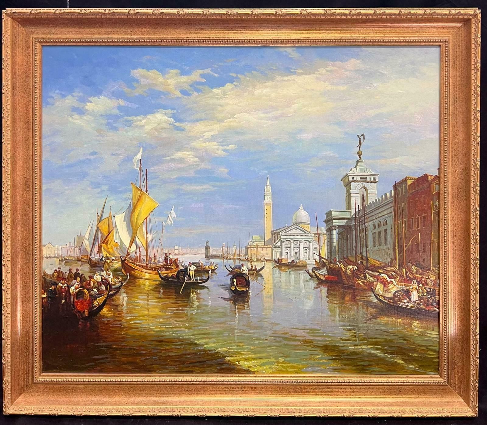 English Artistbustling Sunlit Venice With Gondolas And Sailboats Scenic Classical Oil Painting photo furniture