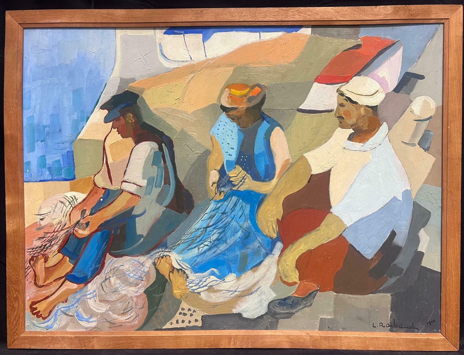 French 1960'sfisherfolk Tending Nets Marseille Harbor 1960's French Signed Modernist Oil 1966 photo furniture