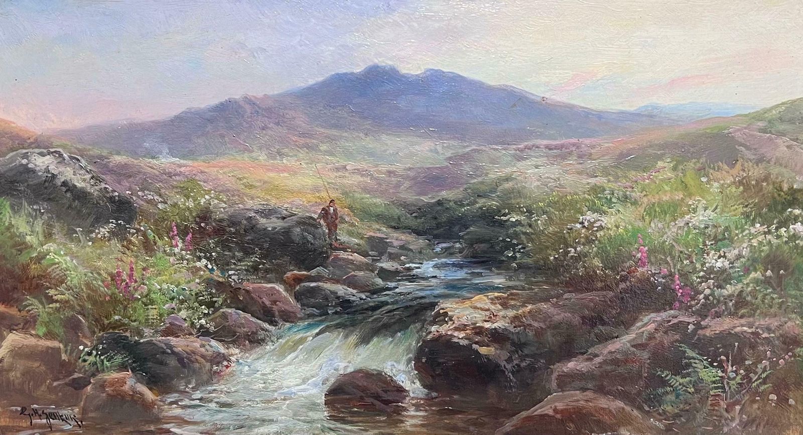 George Henry Jenkins (British, 1843 1914)antique British Oil Painting Fisherman Highland Stream At Sunset, Framed Oil 19th Century photo furniture